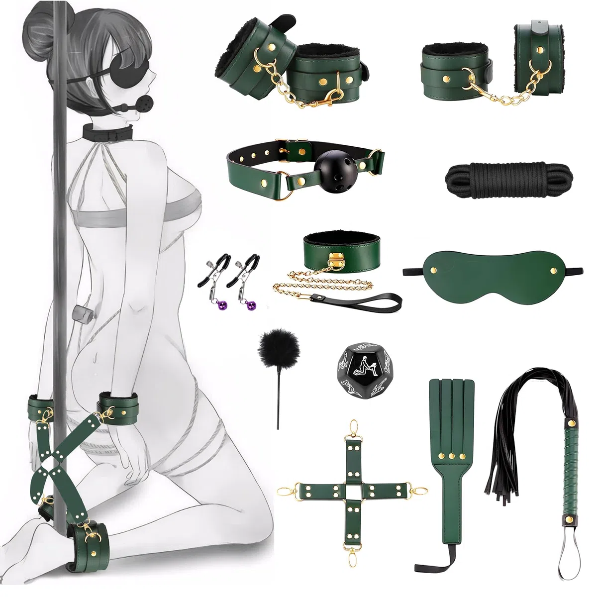 Bondage Set 15 Pièces BDSM Kit de Contrainte Réglable pour Couples avec Menottes Bandeau Bâillon & Fouet Équipement de Bondage pour Débutants à Avancés Durable et Doux pour la Peau (Vert)