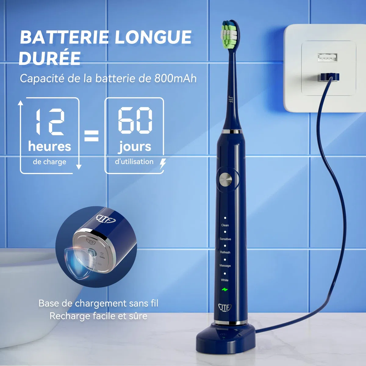 JTF Brosse À Dent Électrique Sonique Adultes avec 6 Têtes de Brosse et Étui de Voyage, Chargeur Rapide sans Fil et Longue Durée, 5 Modes et Minuteur Intelligent, Brosse À Dent Voyage, P200 Bleu