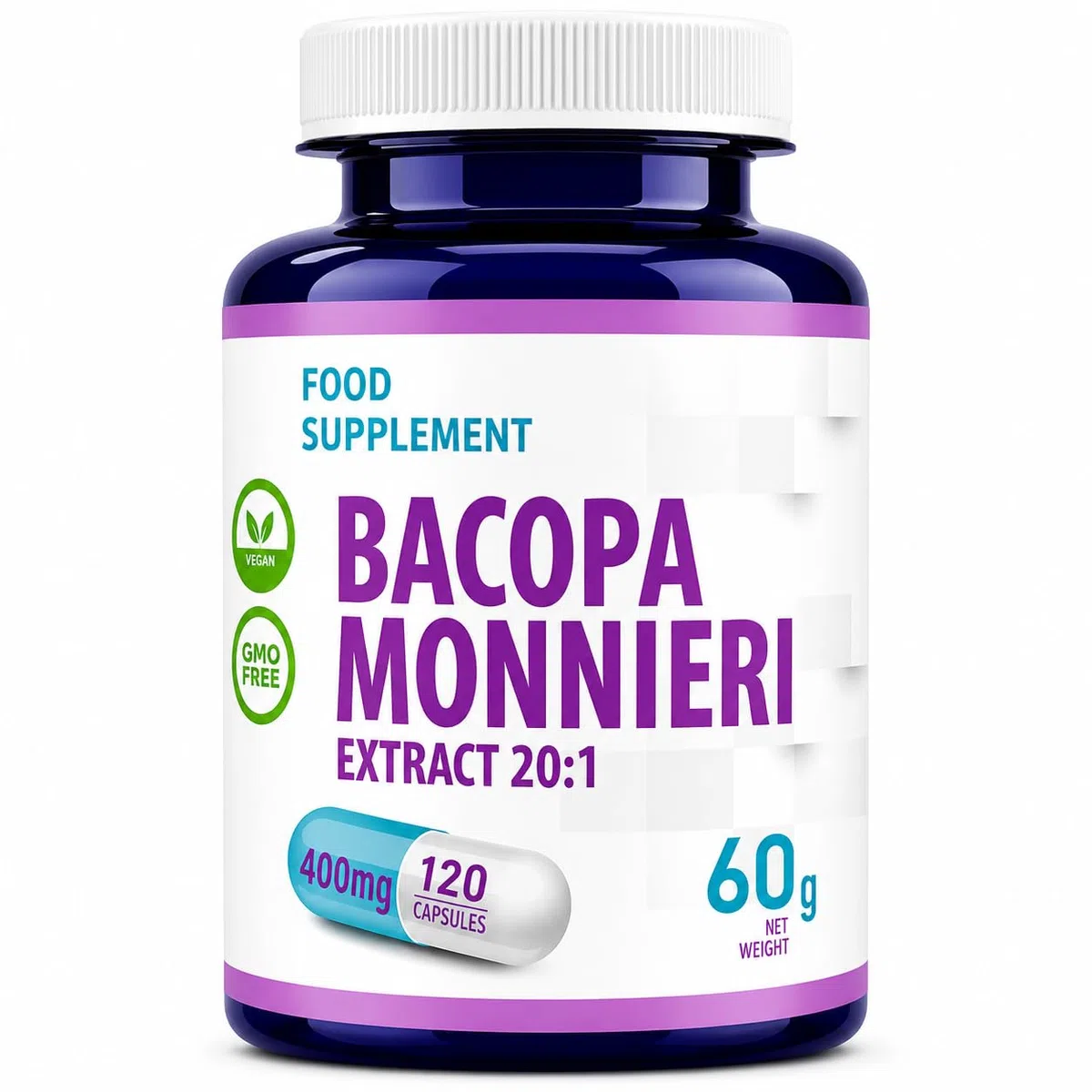 Hepatica Bacopa Monnieri (Brahmi) 8.000 mg Équivalent | Extrait de Feuille 20:1 400 mg | 120 Gélules Véganes | Plante Ayurvédique | GMP & laboratoire indépendant