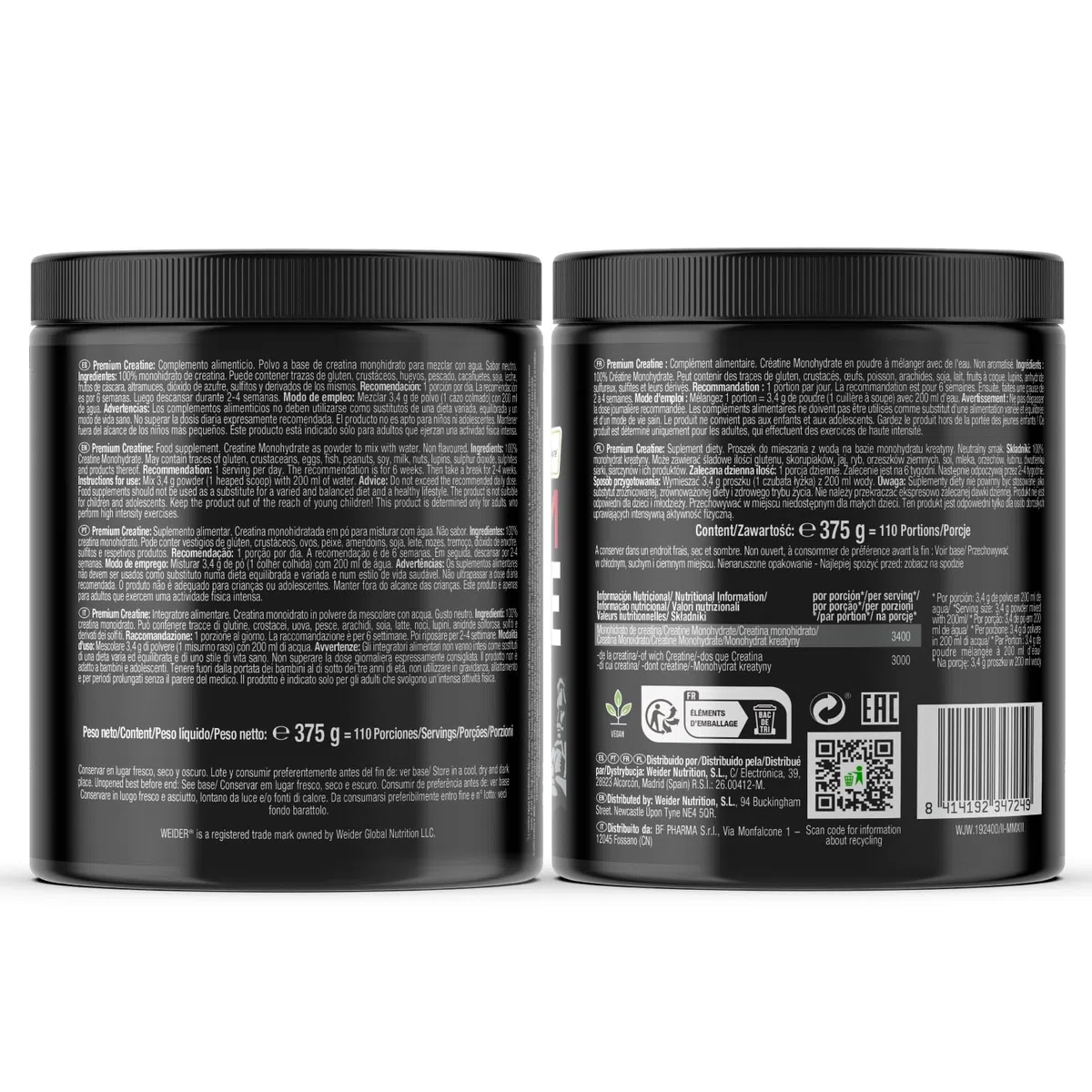 Weider Premium Creatine (375g) Goût Neutre. 100% Monohydrate de Créatine Creapure, Sans Sucre, Vegan, Augmente la Performance Physique (110 portions)