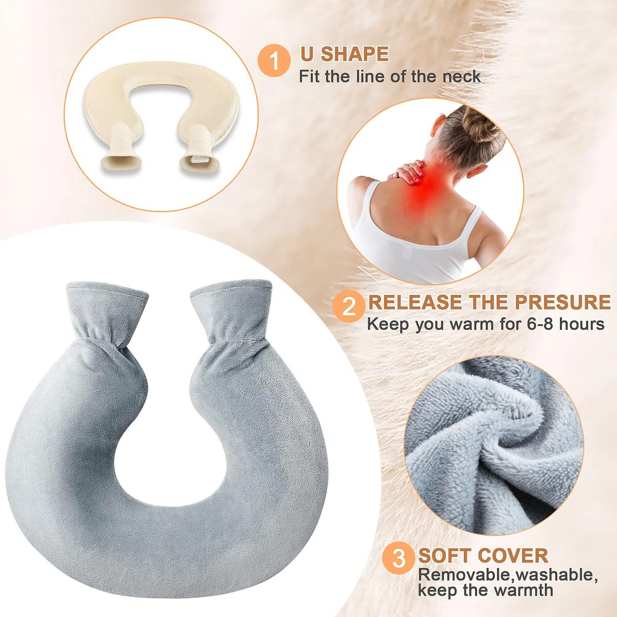 Bouillotte en forme de U en caoutchouc naturel de qualité supérieure avec housse en polaire amovible et lavable pour femmes et enfants 2 L