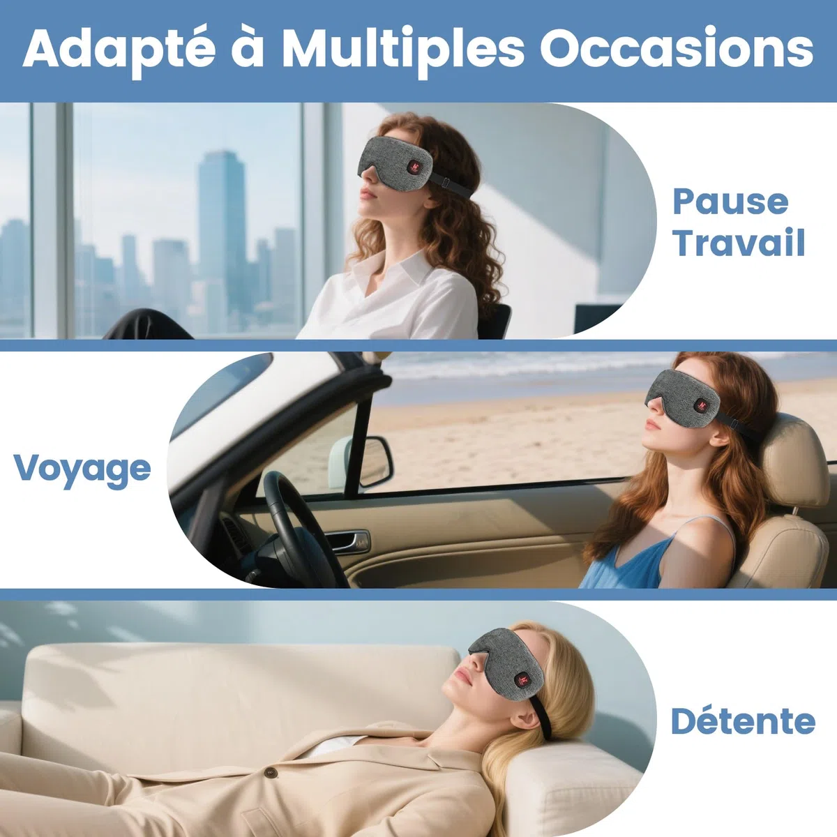 Masque chauffant yeux pour les yeux secs, masque yeux chauffant avec 3 niveaux de chaleur, masque de sommeil pour homme et femme, 1000mAh sans Adaptateur