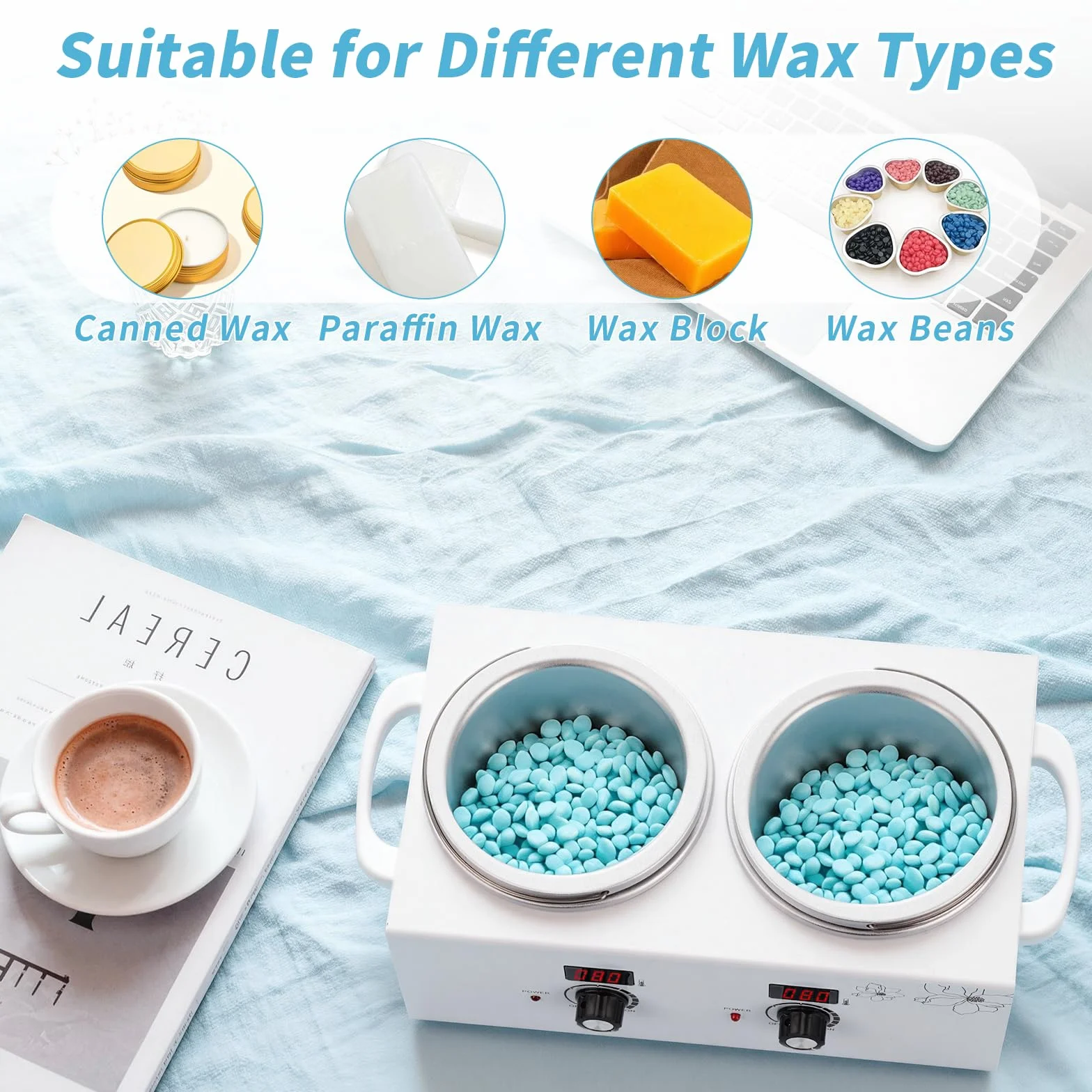 Double chauffe cire, iklestar kit professionnel appareil a cire chaude épilation, chauffe-cire électrique avec bâtonnets et bols en silicone pour utilisation à domicile, en spa ou en salon