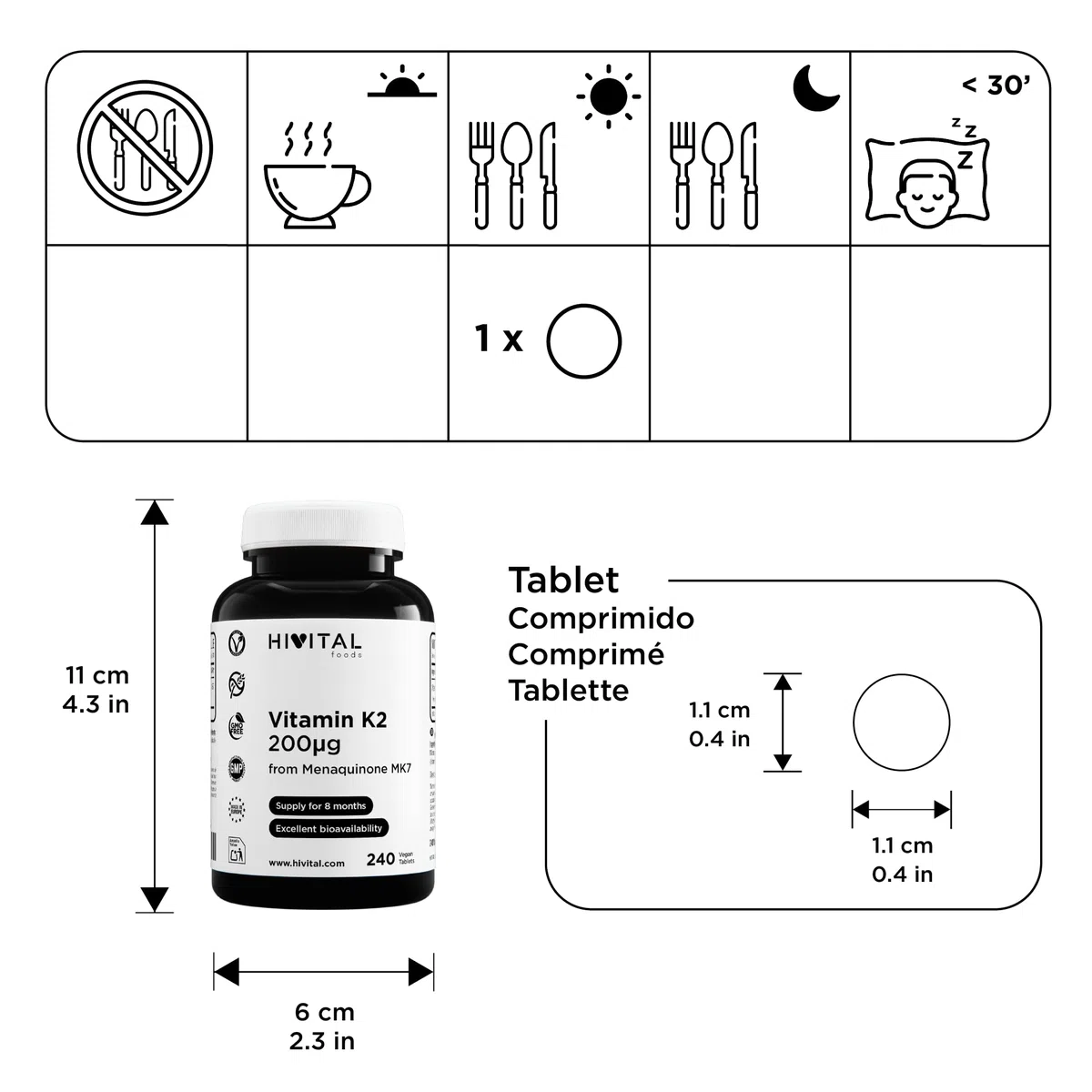 Vitamine K2 MK7 200 mcg. 240 comprimés végétaliens de vitamine K pour 8 mois de traitement. 200 mcg de vitamine K2 Menaquinone MK-7. Fabriqué en Europe par HIVITAL