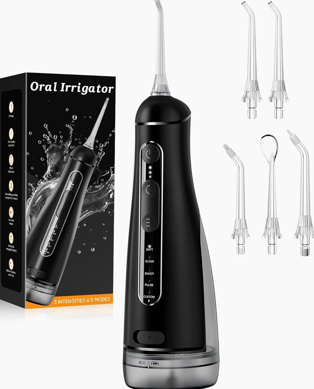 Jet Dentaire Hydropulseur Portable, Hydropulseurs et Irrigateurs 5 Modes 20 Niveaux & 3 Intensités, Réservoir 300ml à Fond Détachable, Irrigateur Sans Fil IPX7, Sans BPA, Silencieux