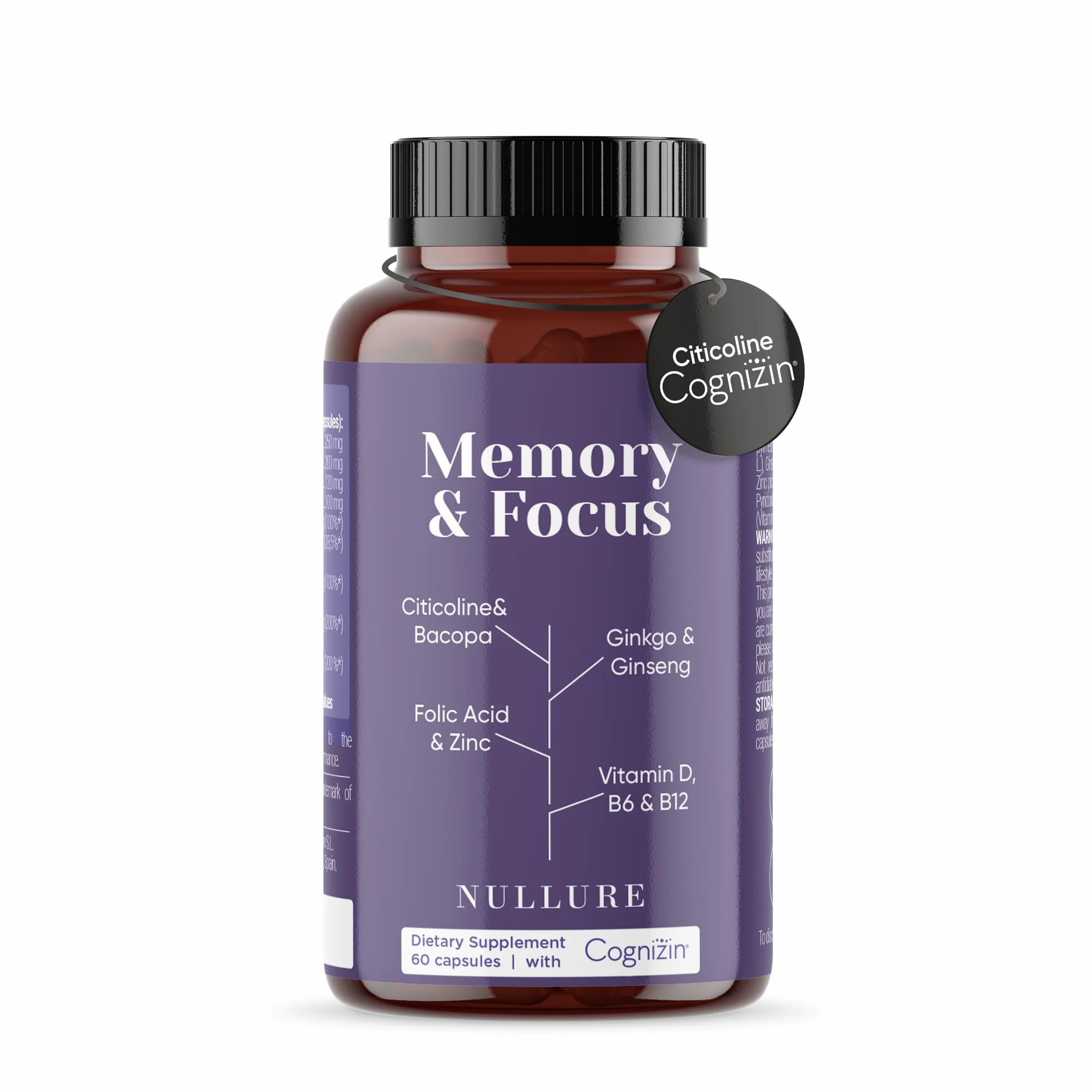 Nullure Nootropique Mémoire et Concentration | Stimulant Cognitif · Énergie · Vivacité Mentale | Citicoline COGNIZIN + Ginkgo Biloba 6000mg + Bacopa Monnieri + Ginseng + Zinc | Sans Caféine | 60 cps.