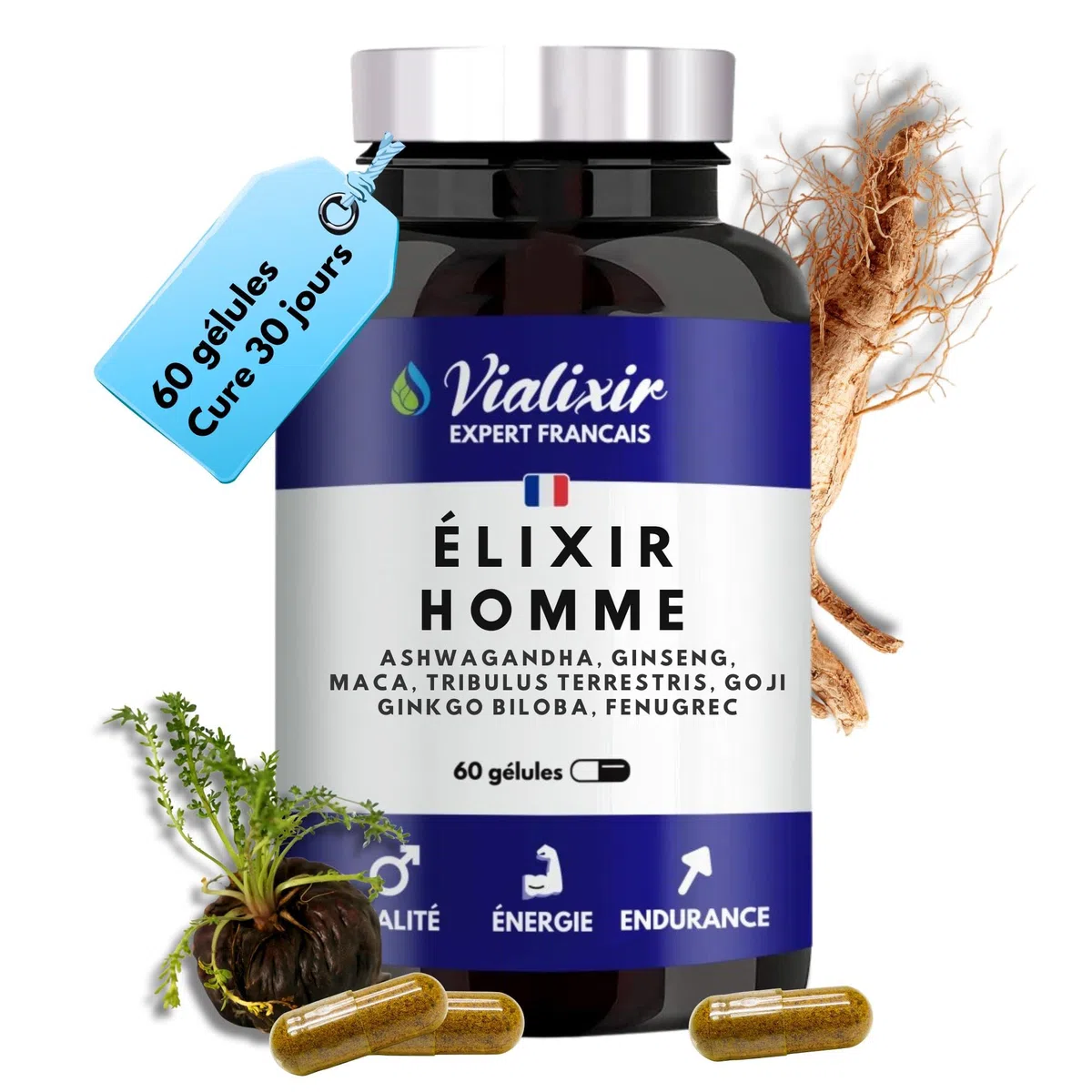 Vitalité & Énergie Homme | Ashwagandha, Maca Bio, Ginseng Rouge, Tribulus, Fenugrec | Endurance & Tonus | 60 Gélules | 100% Naturel | Fabriqué en France – Vialixir