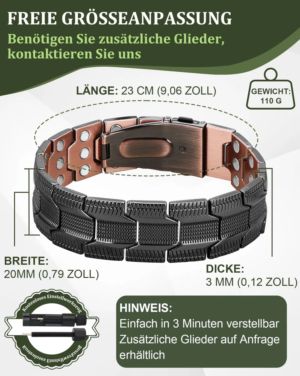 BioMag Bracelet magnétique pour homme en cuivre pur 99,99 % - Bracelet de thérapie magnétique avec outil de réglage de la taille gratuit pour une longueur de poignet individuelle