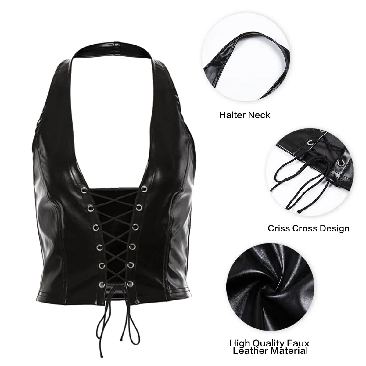 KFLY Débardeur corset sexy en cuir - Col en V profond - Pour femme - Y2k - Style gothique - PU - Haut ventre nu - Clubwear