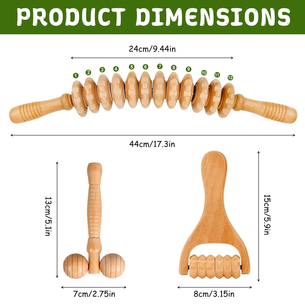 Lot de 3 Rouleaux de Massage en Bois pour Drainage Lymphatique et Anti Cellulite - Outil de Massage Fascia pour le Dos, le Cou, les Jambes - Détente Musculaire et Réduction de la Cellulite