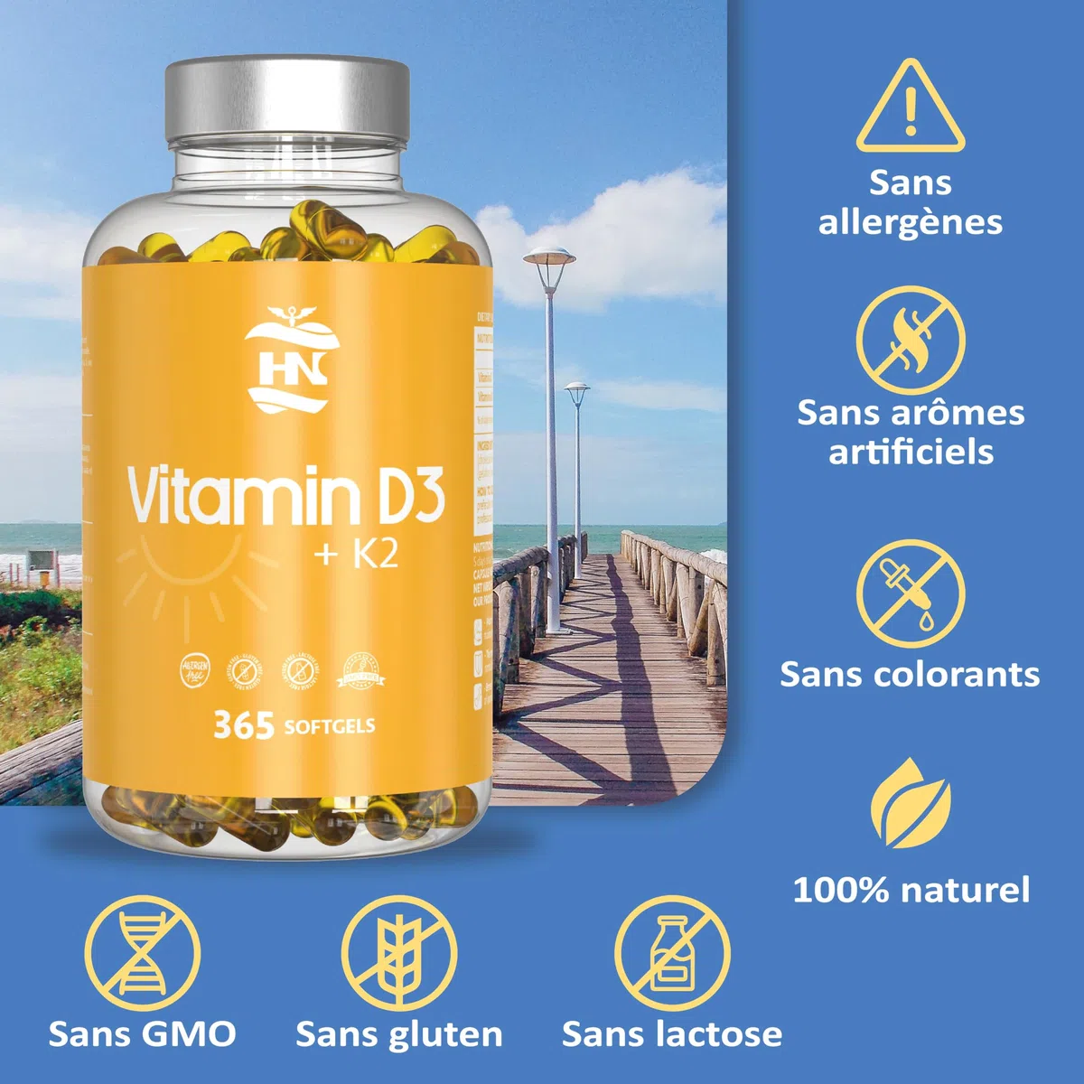 Vitamine D 5000 UI Vitamine D3 K2. 365 Capsules Vitamin D3 hautement concentrée Soutient les fonctions immunitaires et osseuses grâce à la Vitamin D3 K2 hautement dosée