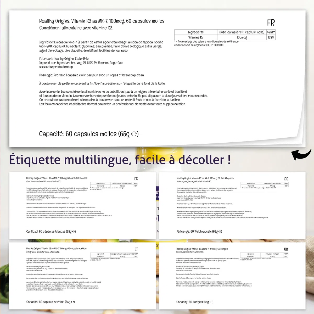 Healthy Origins, Vitamine K2 MK-7, 100mcg, à Base de Natto, 60 Capsules, Sans Gluten, Sans Soja, Sans OGM