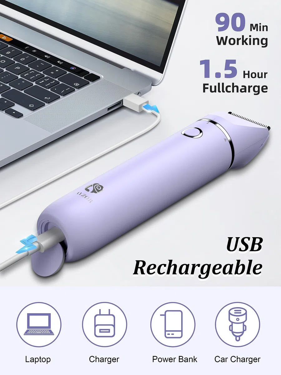 Cayzor Rasoir Electrique Femme – Tondeuse électrique 2 en 1 pour bikini humide/sec, sans fil, étanche, rasoir pour le visage, le haut, les lèvres, le menton, les aisselles, les jambes (violet)
