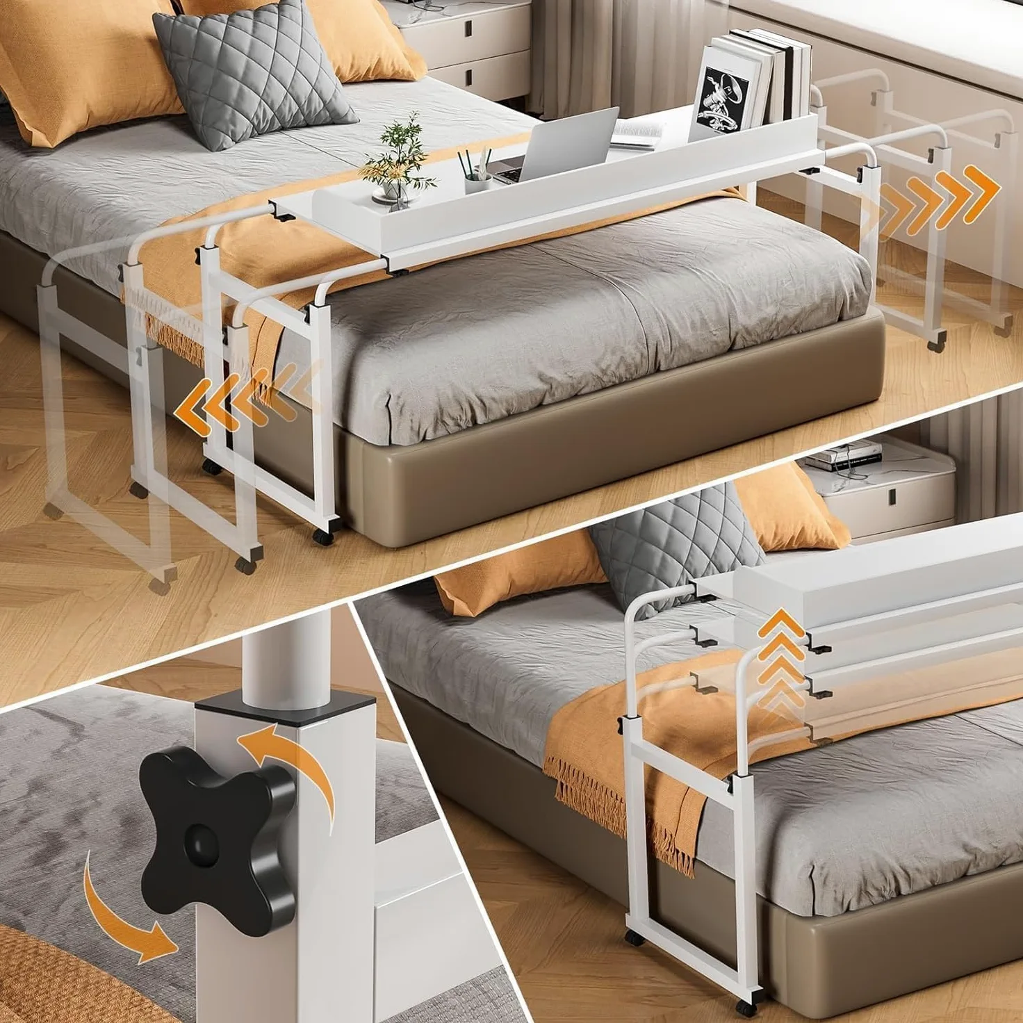 Table de lit réglable en hauteur avec roulettes, 120 à 210 cm, bureau mobile sur lit, canapé ou bureau, support réglable de 65 à 95 cm, chariot mobile pour ordinateur portable, bureau