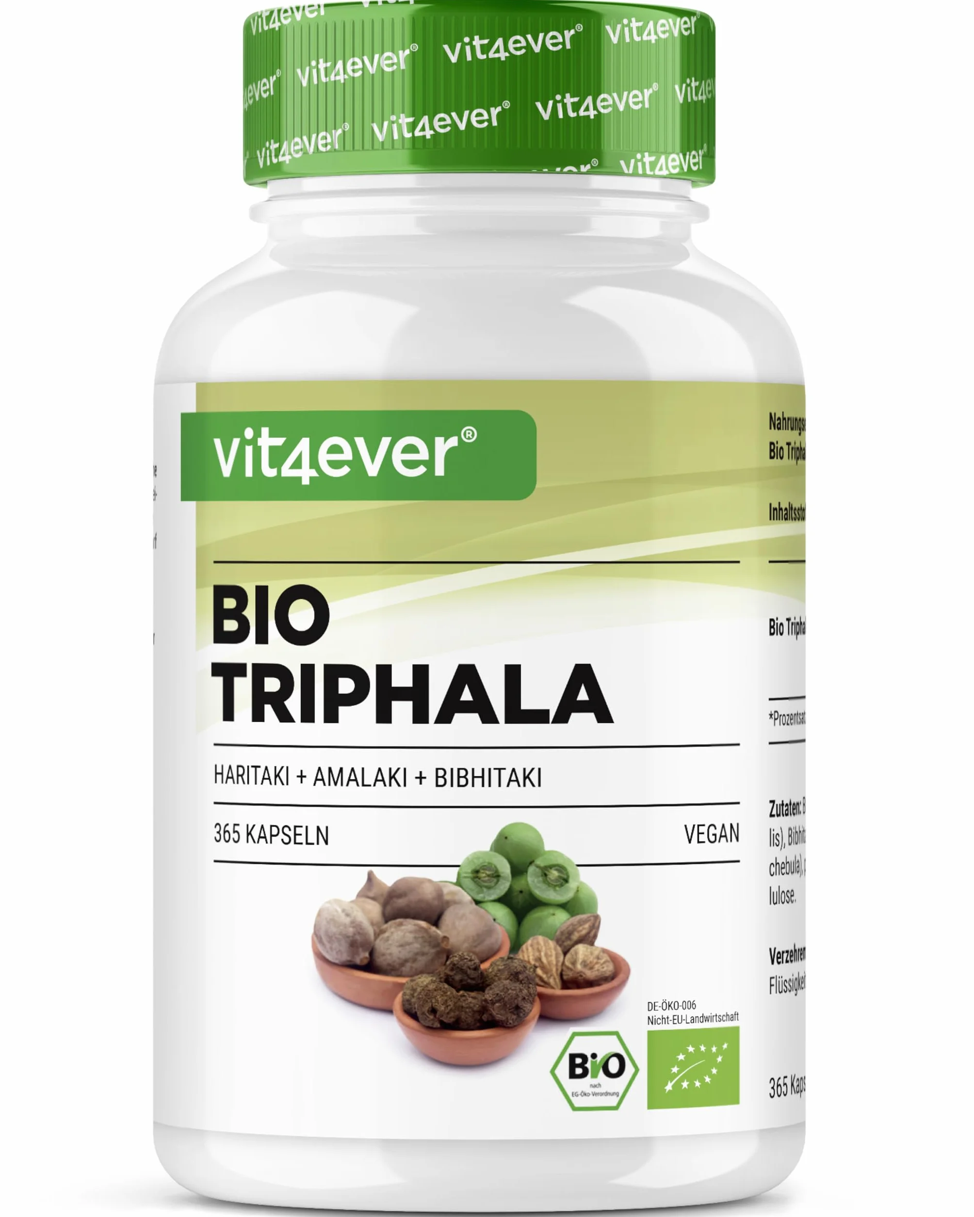 Triphala Bio - Haute Dose de 2000 mg (500 mg par capsule) - 365 capsules - Poudre de Triphala de l'Inde : Haritaki, Amalaki, Bibhitaki - Sans Additifs - Vegan