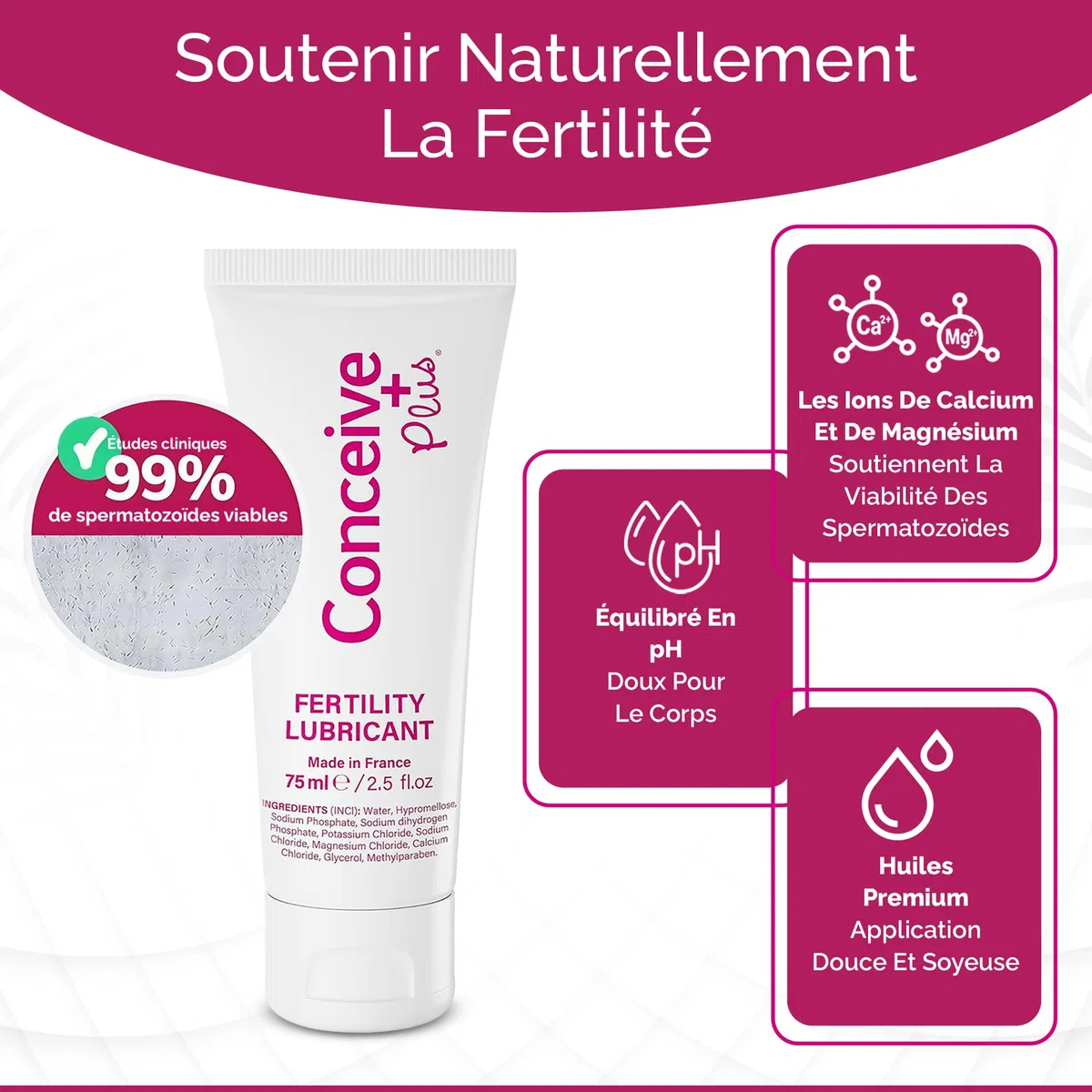 Conceive Plus Lubrifiant de fertilité 75ml – Formule calcium et magnésium – pH équilibré et isotonique – Compatible fertilité – Aide à créer un environnement favorable – Tube pratique et hygiénique