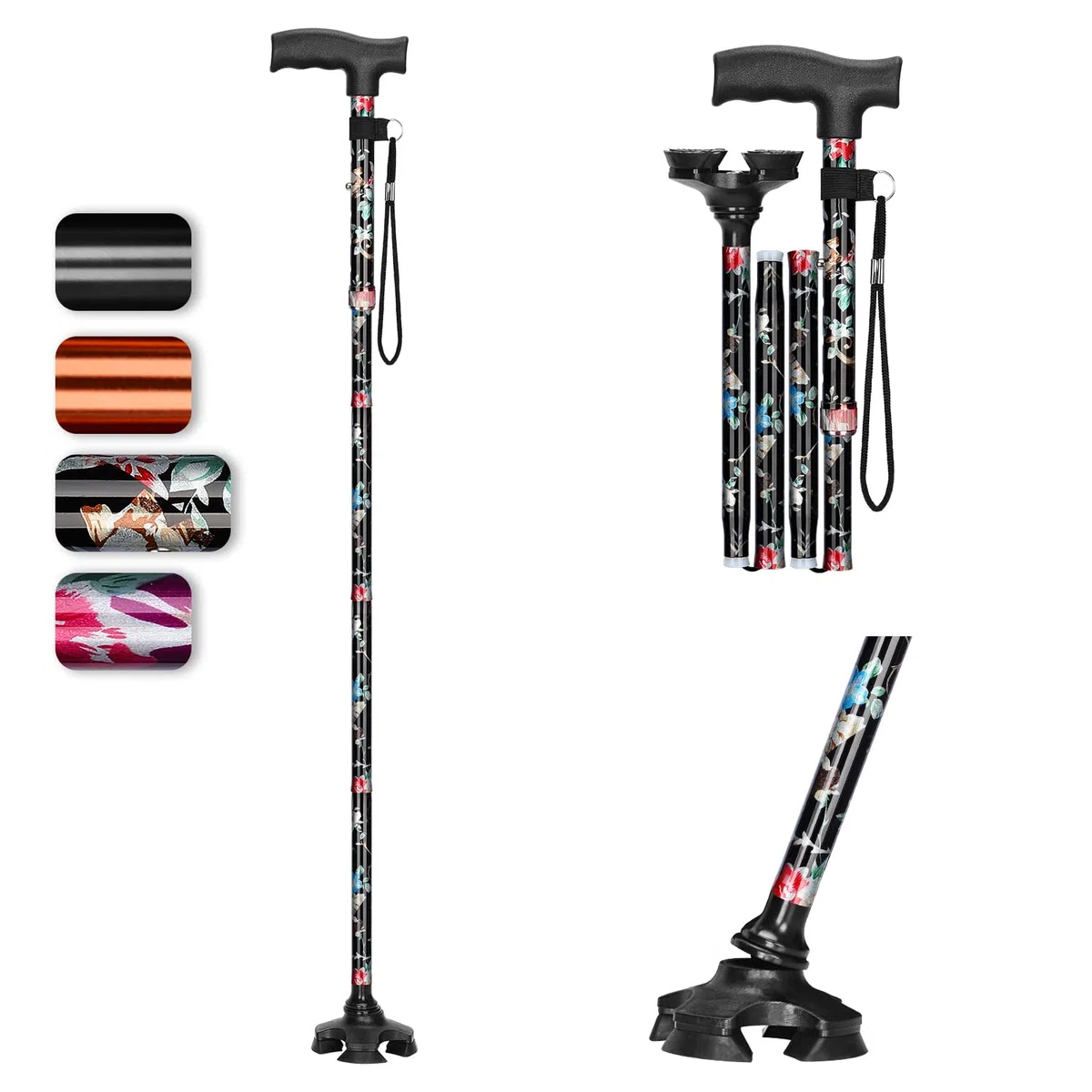 supregear Canne Pliante, Canne Pliante Réglable à 5 Niveaux avec Poignée en T et Dragonne Anti-Perte Antidérapante Autoportante Support en Caoutchouc à 4 Pieds pour Âgé Désactivé Homme Femme