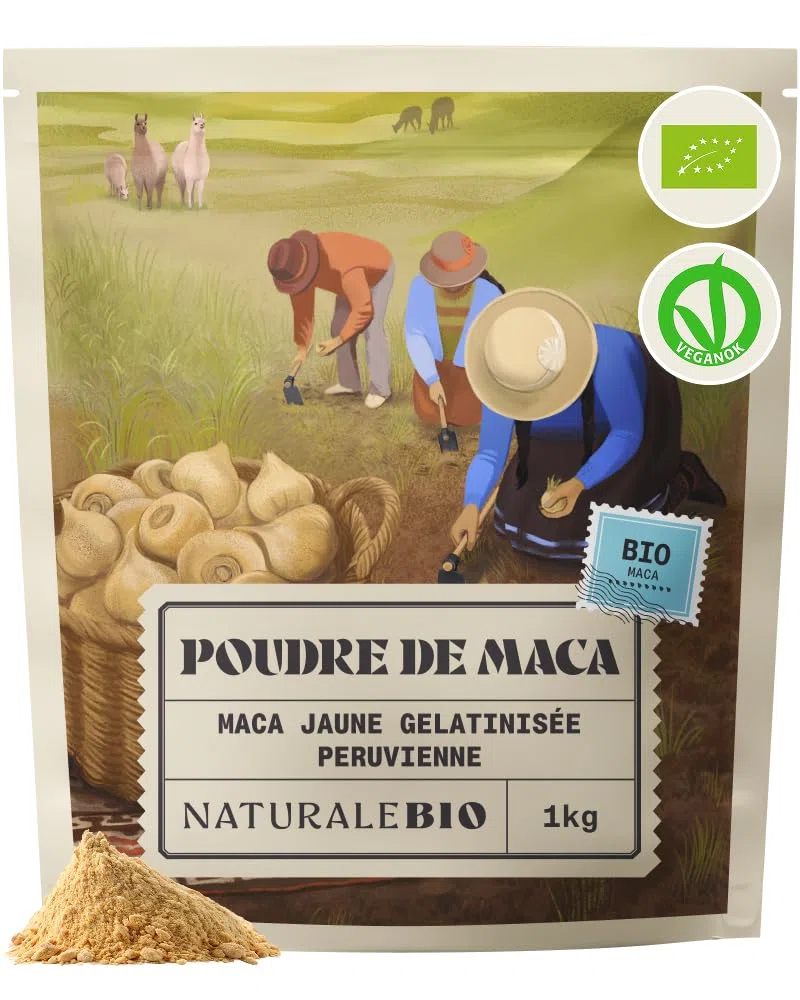 NaturaleBio Maca Bio en Poudre 1kg. Organic Peruvian Yellow Maca Root Powder. Gélatinisée, Naturelle et Pure. Produite au Pérou à partir de Racines Biologiques