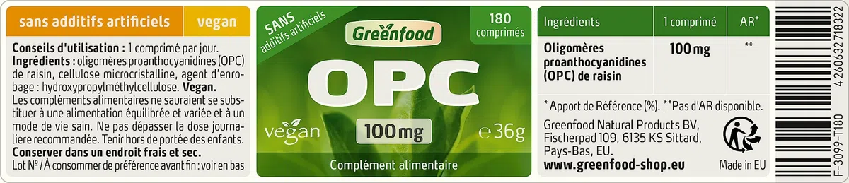 Greenfood OPC, 100 mg, dose élevée, 180 comprimés, vegan - SANS additifs artificiels. Sans génie génétique.