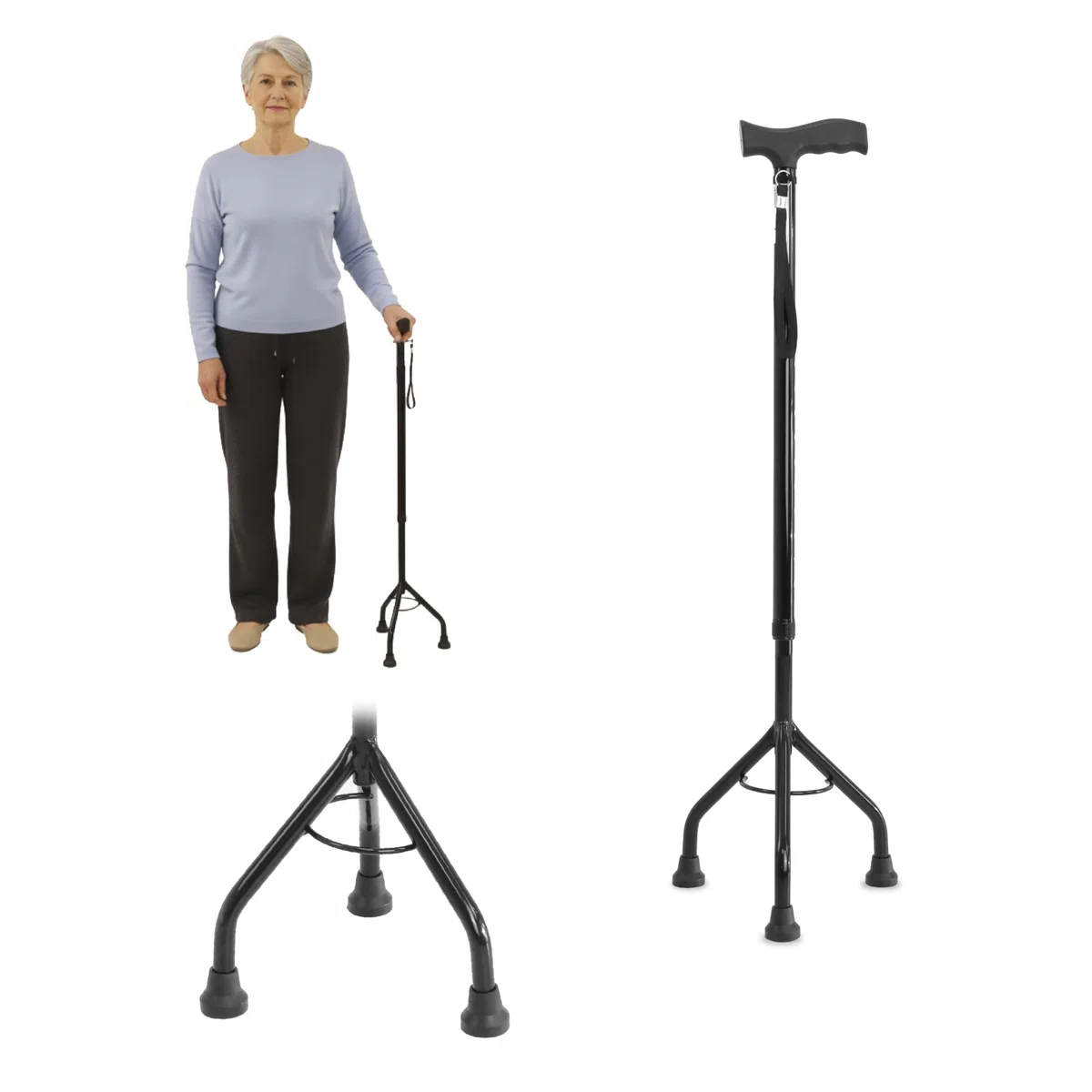 PEPE Mobility Canne Tripode de Marche Réglable (72,5–95,5 cm), Canne 3 Pieds en Acier et Aluminium, 3 Embouts Antidérapants, Jusqu’à 100 kg, Noir