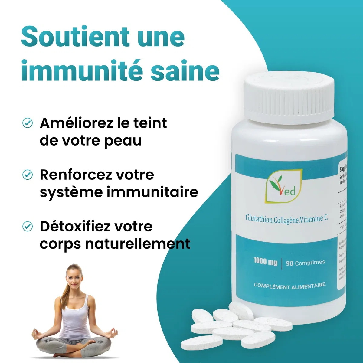 VED L-Glutathion réduit, Collage, Comprimés de vitamine C | 1000 mg x 90 comprimés