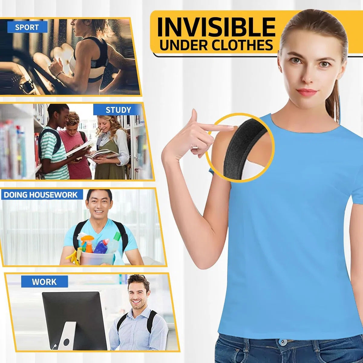 Correcteur de posture pour femmes et hommes, soutien dorsal supérieur réglable pour dos de posture - Soutien et soulagement de la douleur du cou, des épaules et du haut du dos