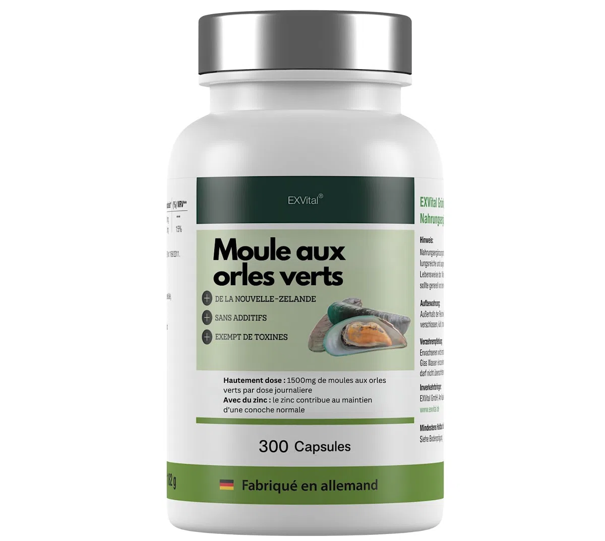 Moules aux orles Verts de Nouvelle-Zélande 1500 MG - Oméga 3 et glycosaminoglycanes - 300 gélules de Poudre de moules aux orles Verts, sans additif