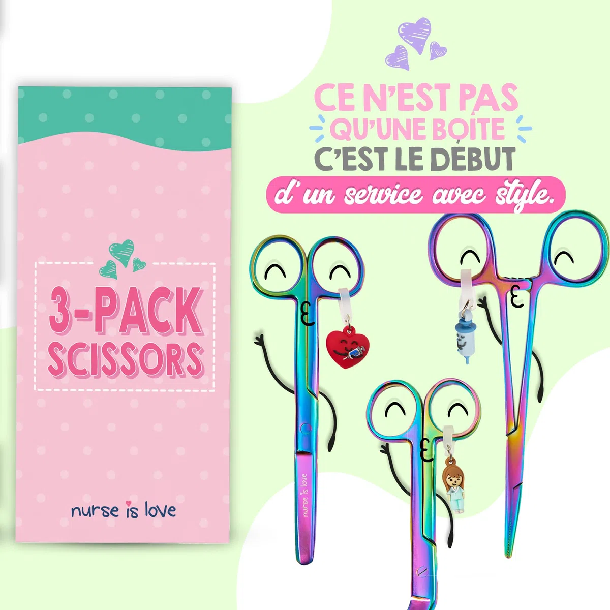 Nurse is Love Set 3 pièces Ciseaux Infirmiers Pico de Pato & Droits Mayo + Outil de Fixation | Ciseaux à Pointe Roma, Accessoires Infirmière, Premiers Secours - Cromium