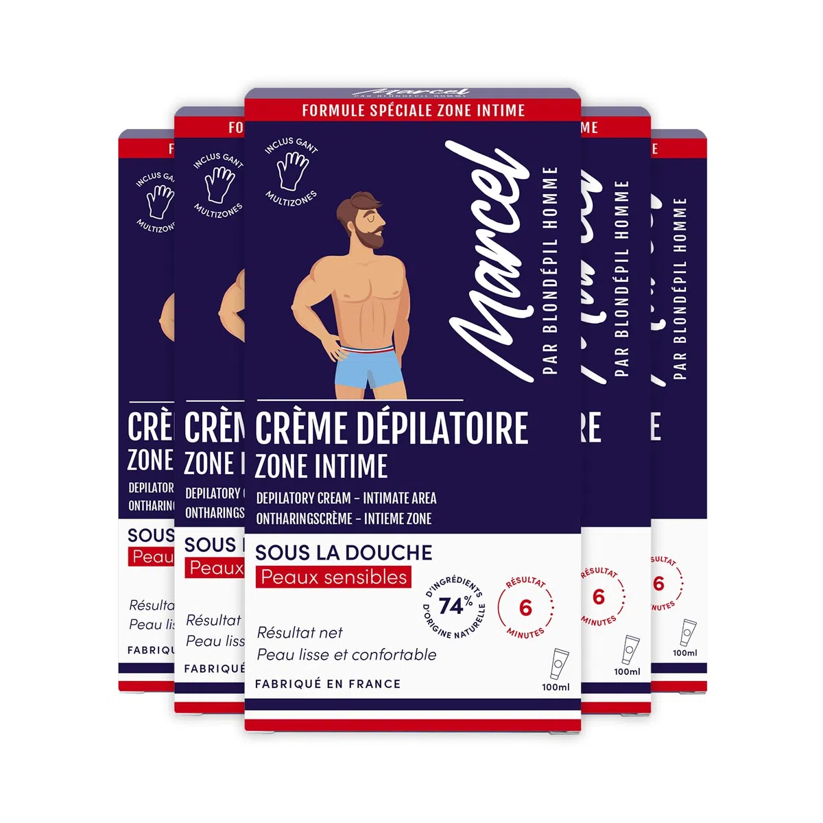 Marcel par Blondépil Homme - Lot de 5 (dont 1 offerte) - Creme depilatoire homme sous la douche, Zone Intime, Rapide et Efficace, Adaptée à tous les types de peaux, Made in France