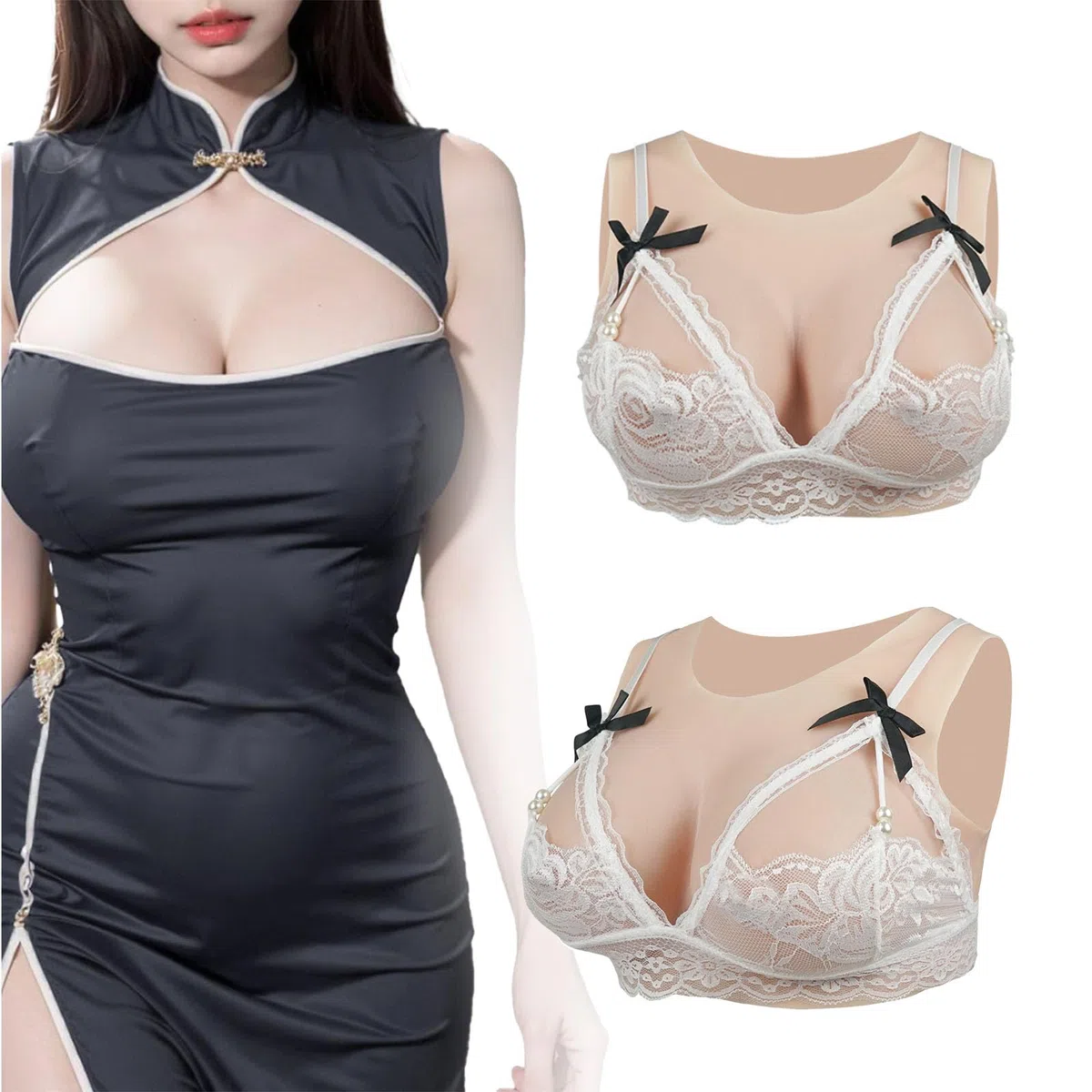 Minaky Faux Seins Silicone Col Rond Fournitures Mastectomie Silicone Réalistes pour Crossdresser Transgender Drag Queen