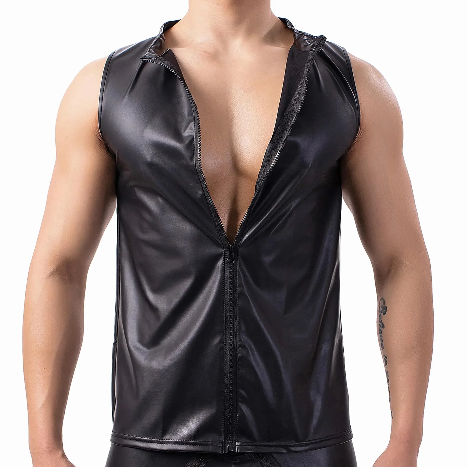 T-shirts en latex pour homme - Similaire au latex - T-shirt pour homme - Noir - Sexy - En cuir mat - Sans manches - Effet mouillé - En cuir verni - Pour homme