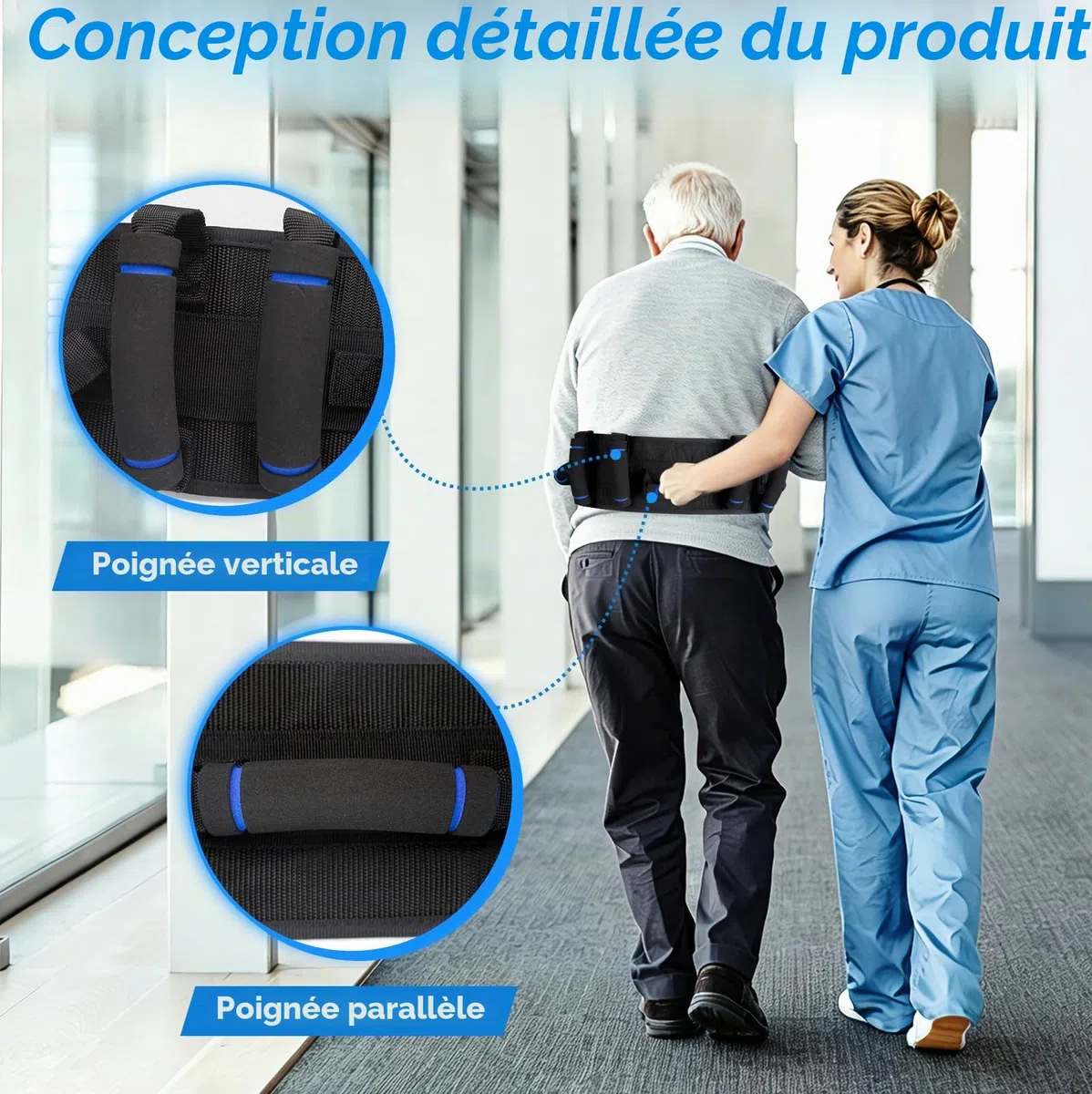Ceinture de gait avec poignées, ceinture de transfert pour personnes âgées, ceintures de guise pour patients, ceintures de guêtre pour personnes âgées, poignées en caoutchouc