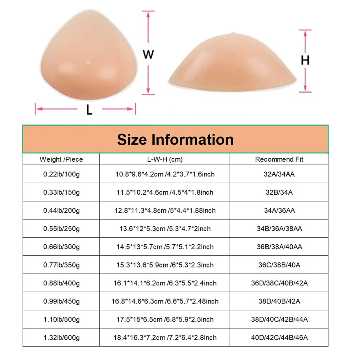 Formes mammaires triangulaires en Silicone, prothèse Auto-adhésive, Mastectomie, Faux Seins, rehausseur de Soutien-Gorge Confortable (1 pièce),250g/Piece