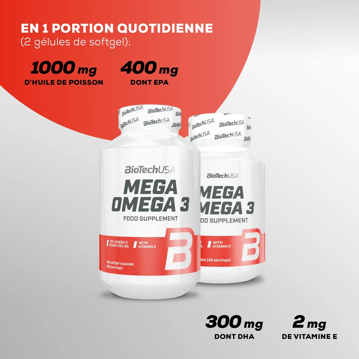 BioTechUSA Mega Omega 3 Softgel Capsules | 70% EPA et DHA | Santé normale du cerveau et du cœur | Vitamine E ajoutée, 90 capsules