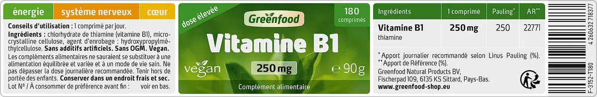 Greenfood Vitamine B1, 250 mg, dose élevée, 180 comprimés - pour des fonctions psychologiques normales, un métabolisme énergétique normal. SANS additifs artificiels. Sans génie génétique. Vegan.