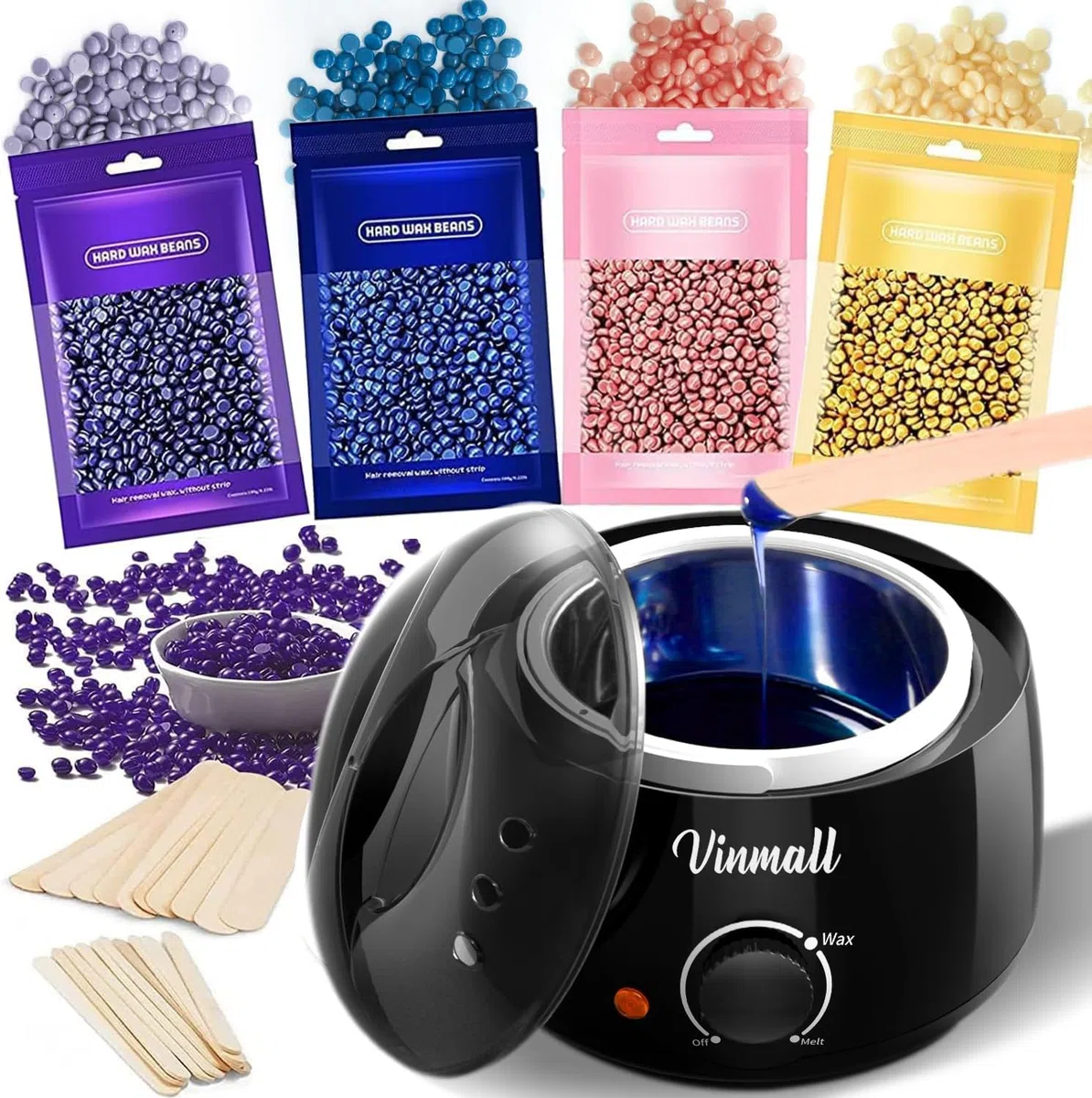 Chauffe cire avec 400g Epilation Perles pour Dépilatoire, Appareil Chauffe-Cire, Kits d'épilation à la Cire avec 400g Epilation Perle et 30 Spatules