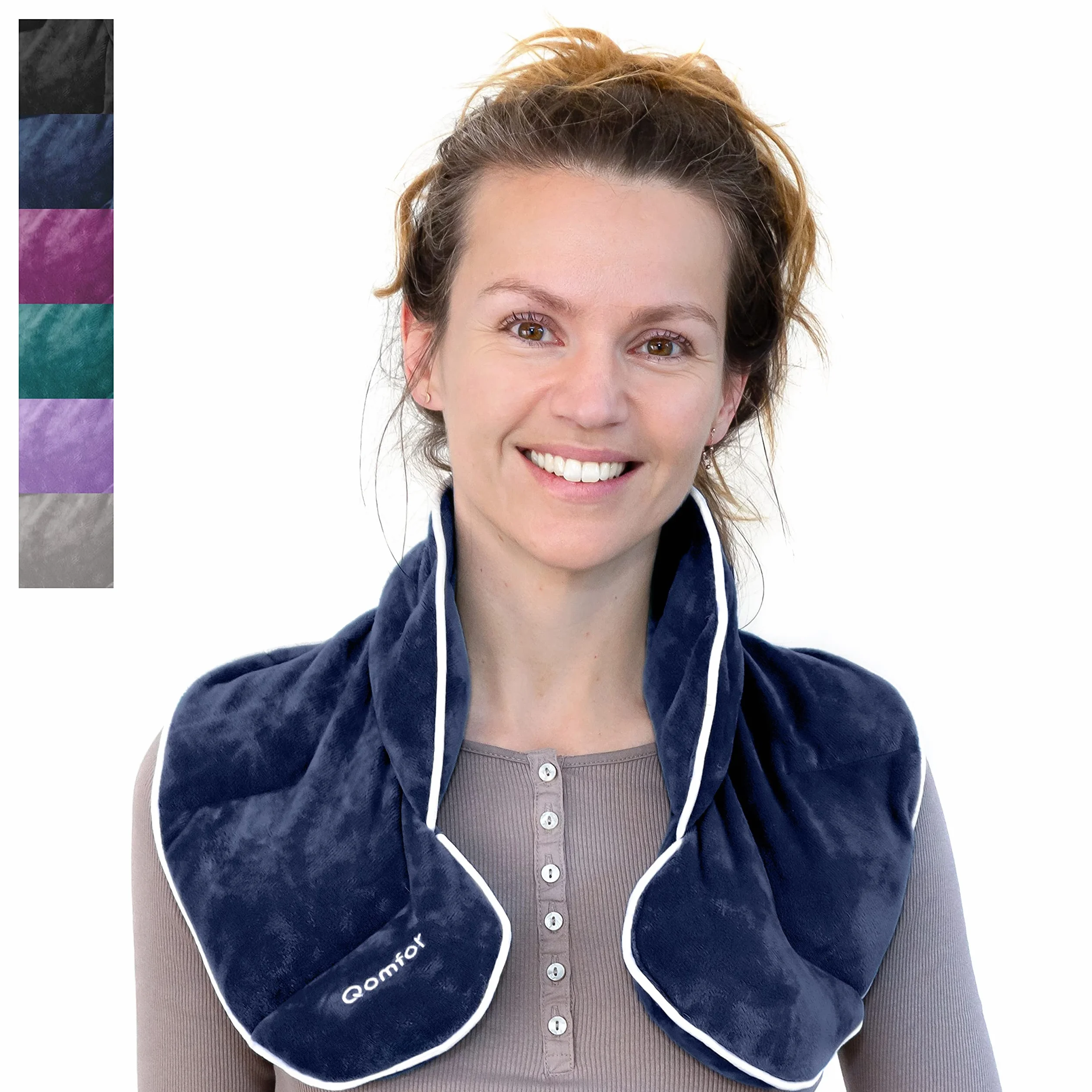 Qomfor - Coussin chauffant pour micro-ondes - Bleu foncé, parfum lavande - Couvre-nuque/épaules lesté de 1,5 kg - Thérapie par le chaud/le froid, soulagement de la douleur