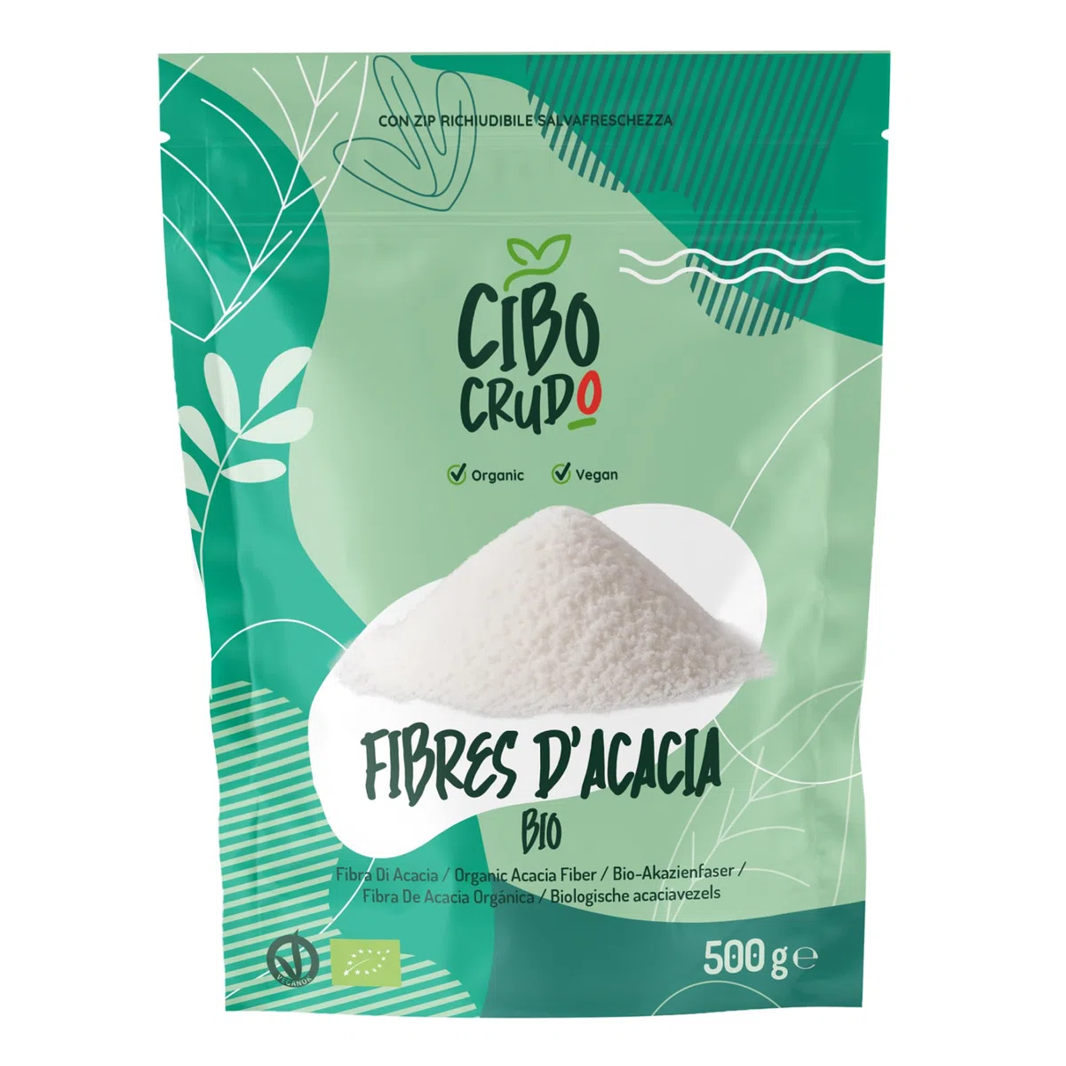 CiboCrudo Gomme Arabique Bio - 500g. Fibre Alimentaire d'Acacia Riche en Fibres (85%) et Sans Sucres. Fibre Soluble Végétaliennes Excellentes pour es Régimes Cétogènes et la Digestion.