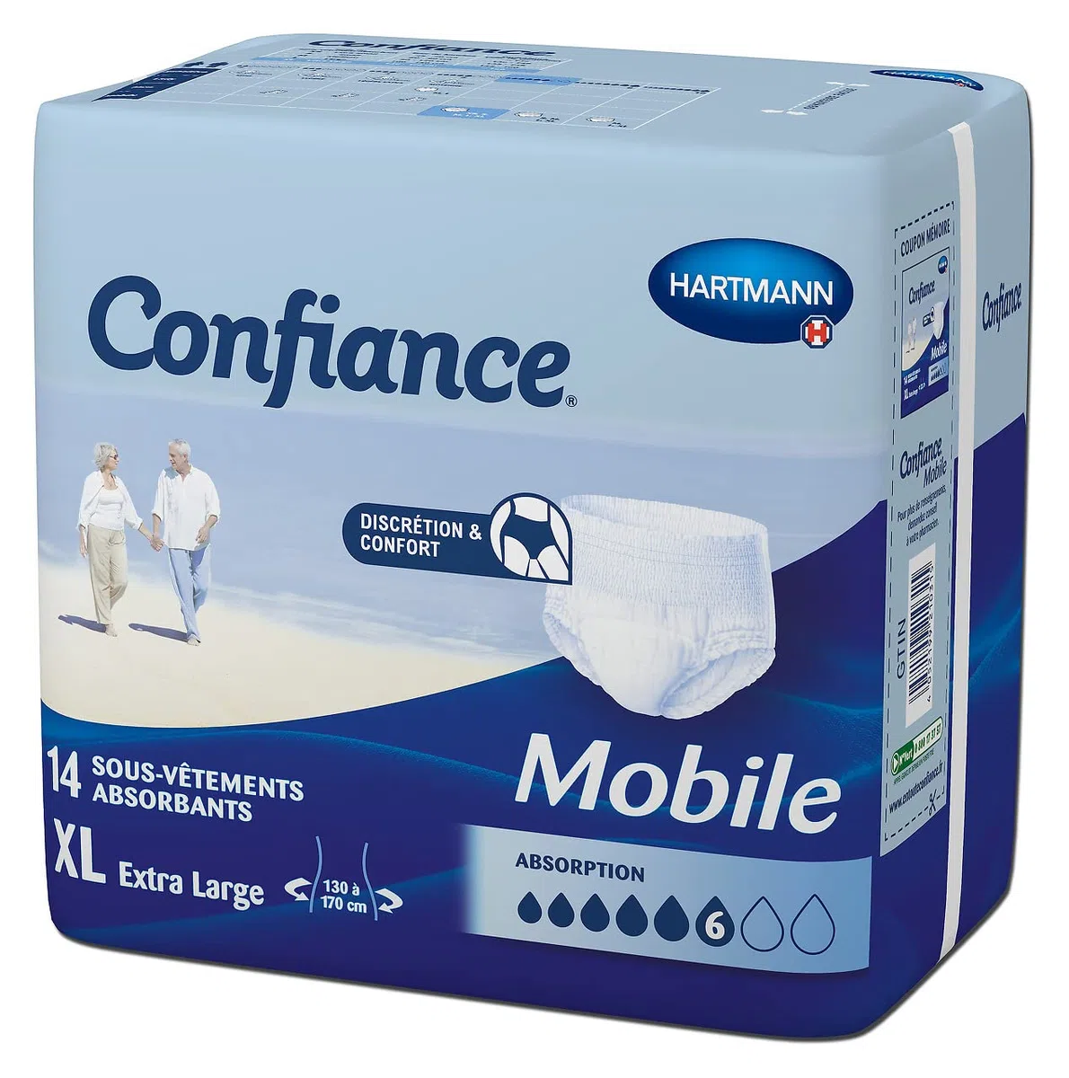 Confiance Mobile - Slips Absorbants pour Hommes et Femmes - Niveau d'Absorption = 6 gouttes (Fuites Urinaires Moyennes) - Discrets et efficaces - pH Neutre à la Peau - Taille XL - 14 Unités