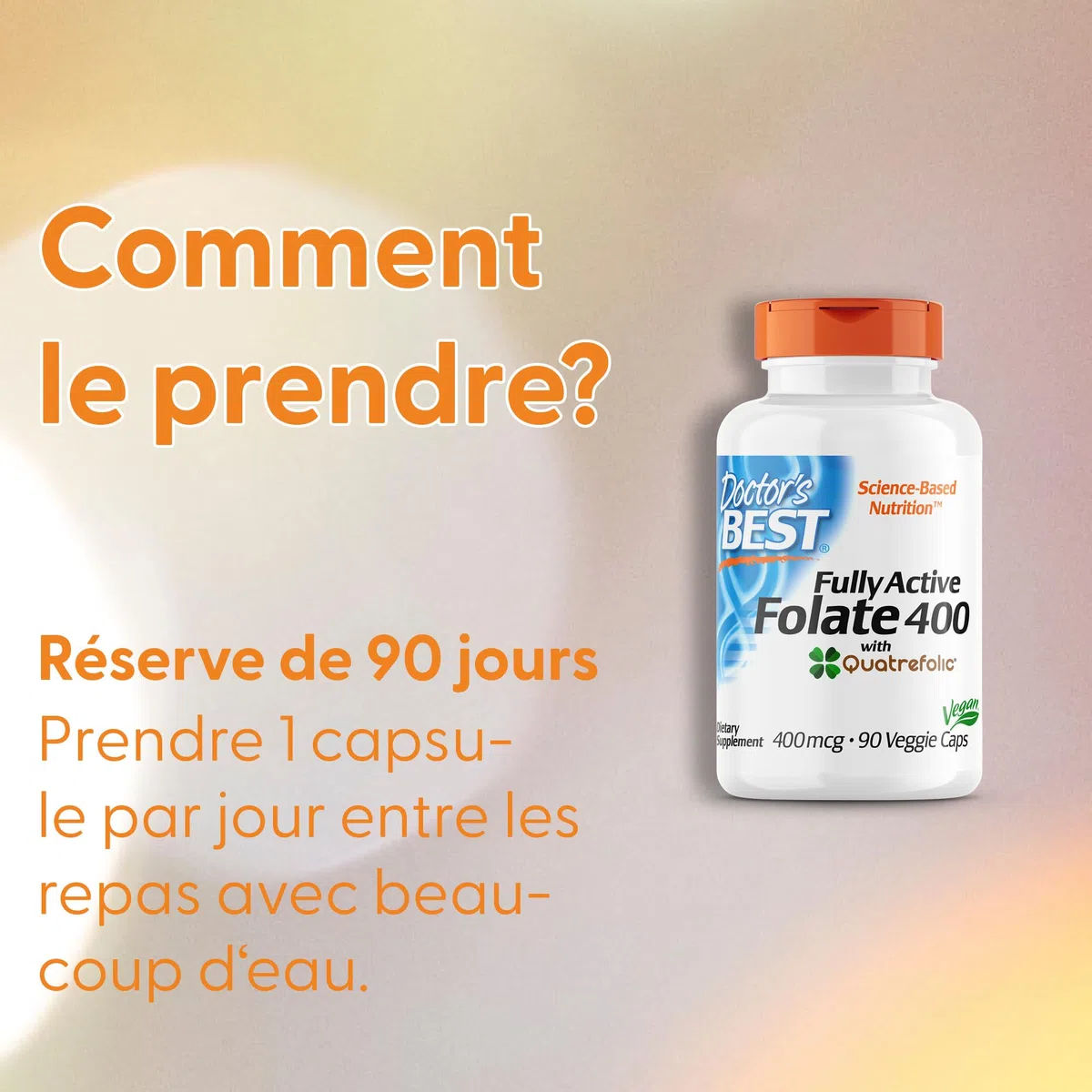 Doctor's Best, Fully Active Folate (Acide Folique), avec Quatrefolic, 400 mcg, 90 Capsules végétaliennes, Vitamine C, Testé en Laboratoire, Haute Dose, Sans Gluten, Sans Soja, Sans OGM