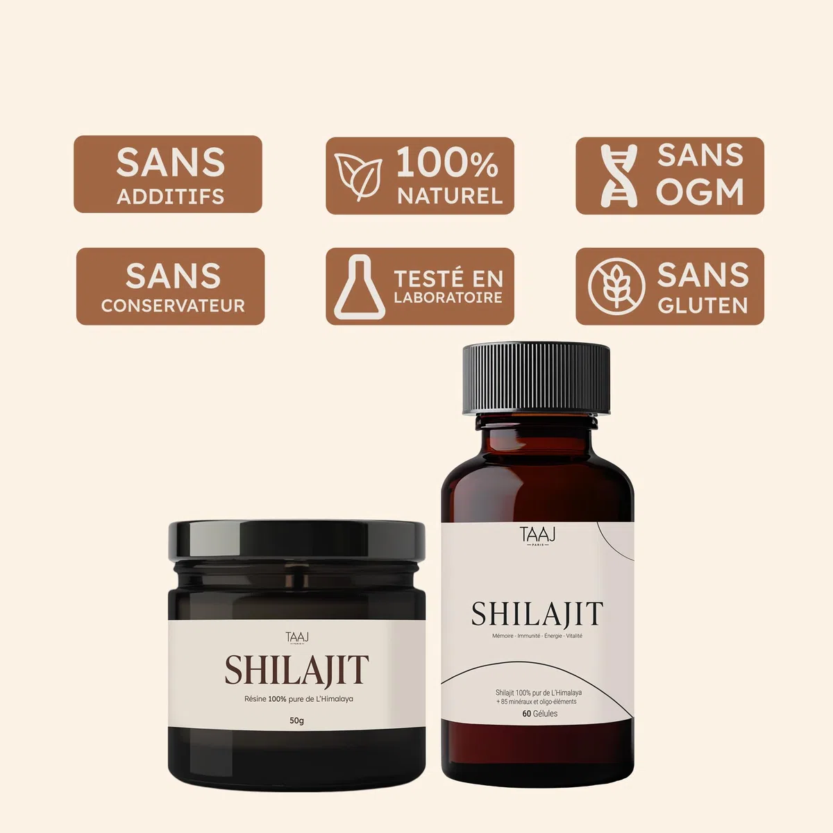 TAAJ | Shilajit en gélules | Pur de l'Himalaya, 100% naturel | 70% d'acides fulviques | + 85 minéraux et oligo-éléments | Antioxydant | Réduit stress & fatigue | Cure de 30 jours | 60 gélules