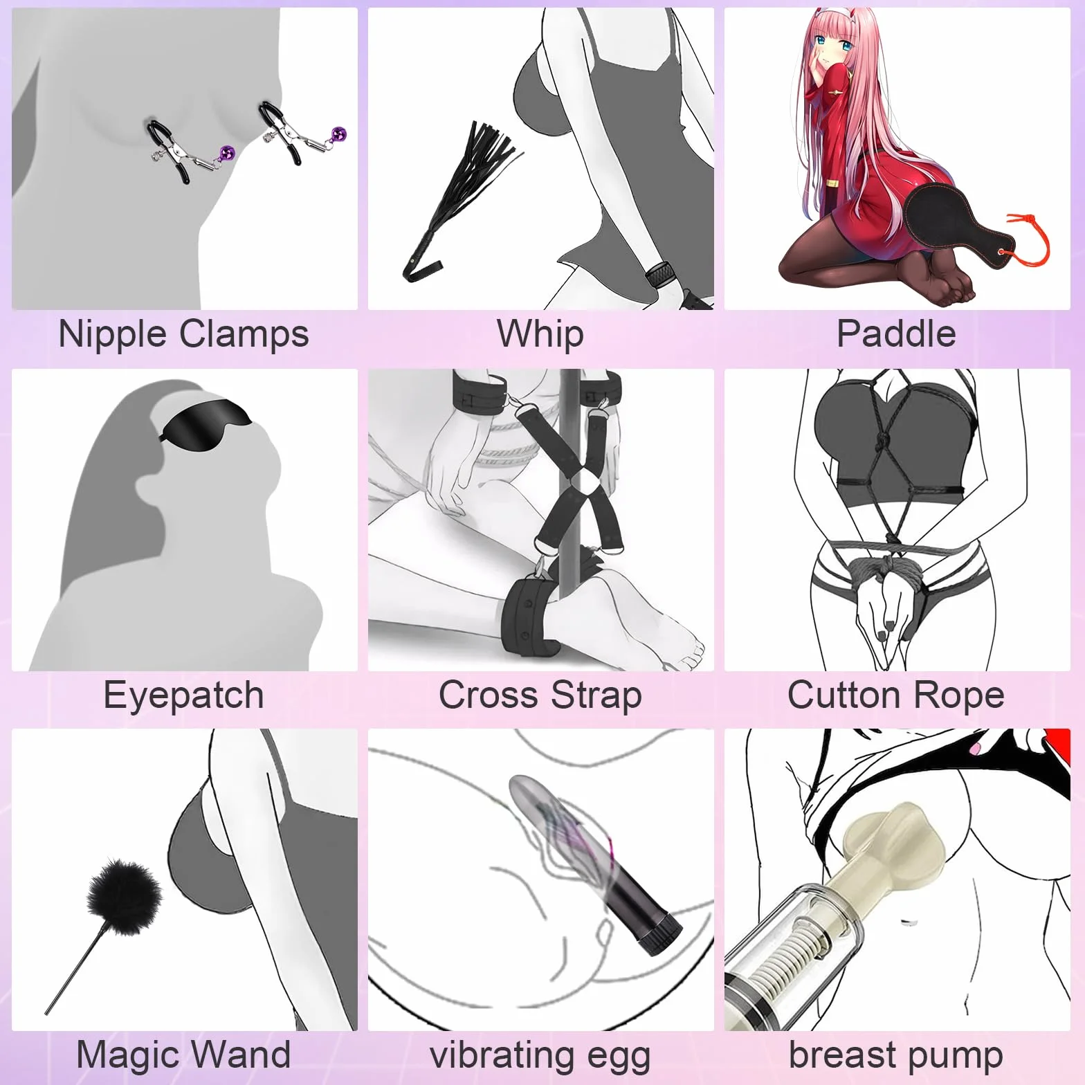 Kit BDSM Bondage 26 Pièces Qoosea pour Couples Menottes Réglables Entraves Cheville Collier avec Set de Plug Anal Pinces à Tétons Fouet Cache-yeux Boule Baillon Jouets Vibrants pour Jeu Sensuel Adulte