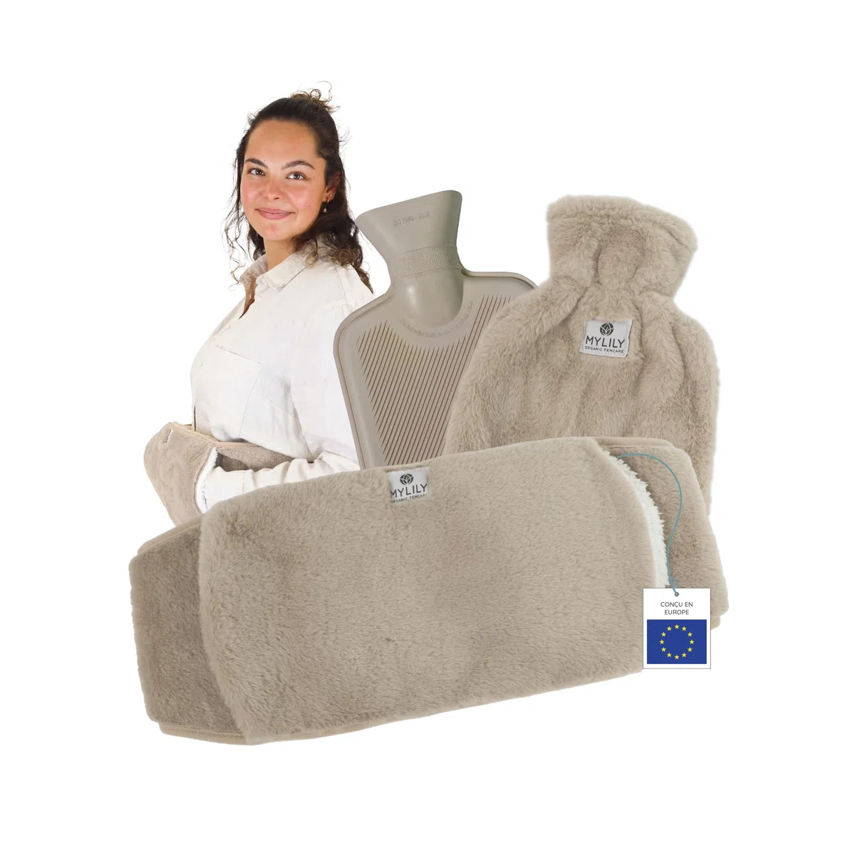 MYLILY ceinture chauffante règles douloureuses, bouillotte 1 l, Beige | 3-en-1, sangle 130 cm scratch, caoutchouc naturel sans BPA, ventre, mains libres, poche avant, lavable