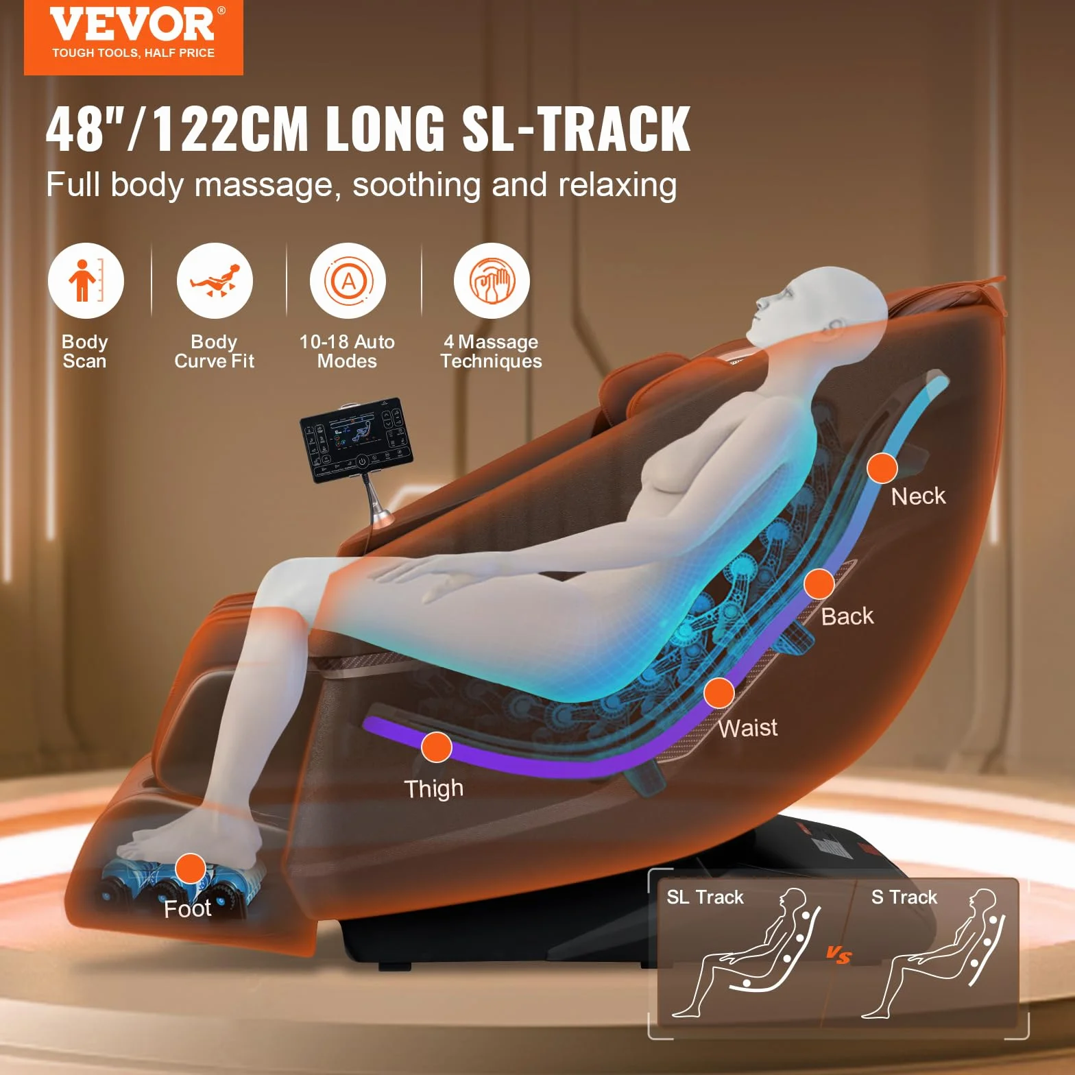 VEVOR Fauteuil de Massage avec Piste SL Flexible, Masseur Shiatsu 3D Complet du Corps, Zéro Gravité, 10 à 18 Modes Automatiques, Chauffage, Haut-Parleur Bluetooth, Coussin d’Air, et Écran Tactile