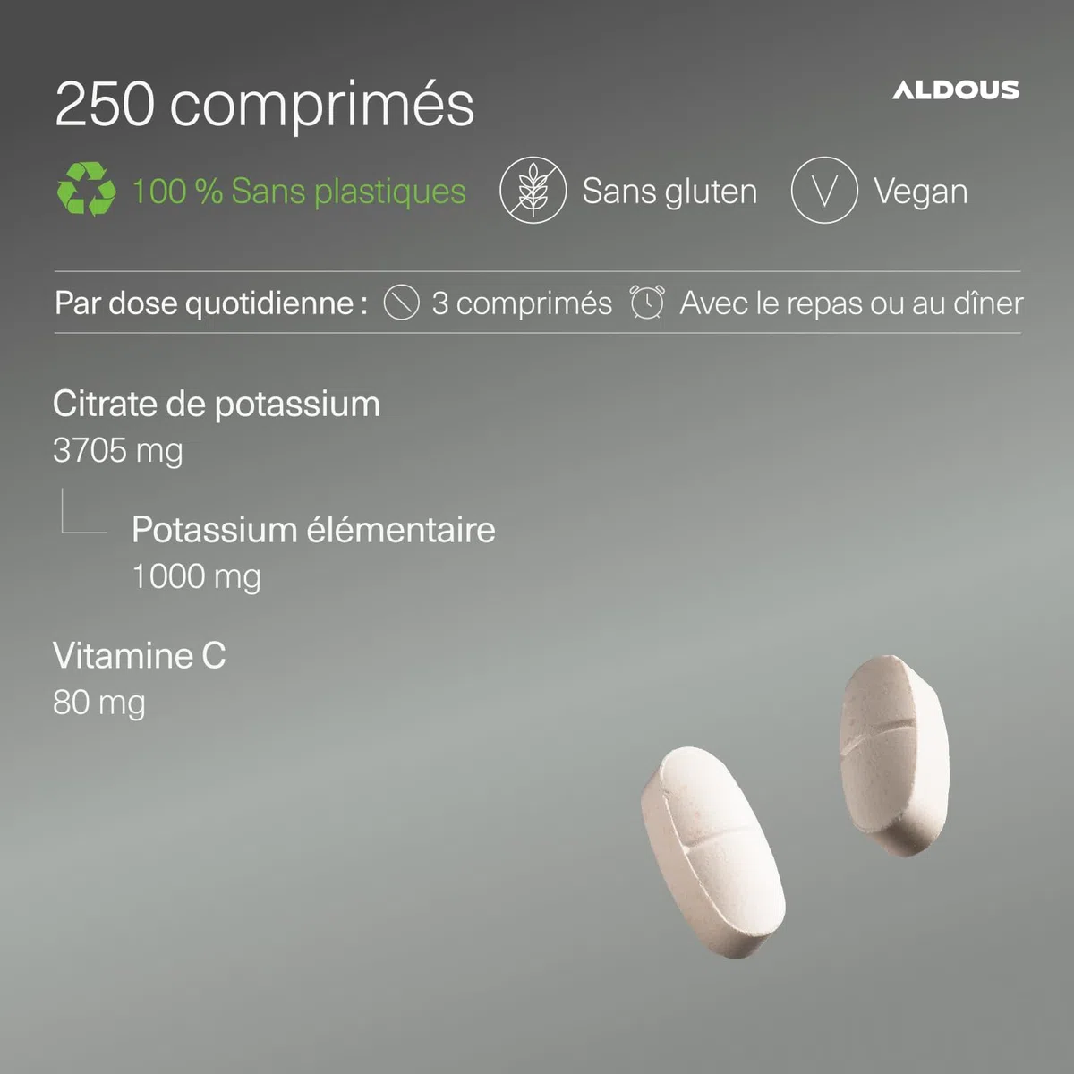 Citrate de potassium 3705 mg - 250 comprimés non enrobés - Potassium pur 1000 mg + Vitamine C 80 mg - Supplément sportif - Muscle, pression sanguine, système nerveux - Sans plastique - ALDOUS