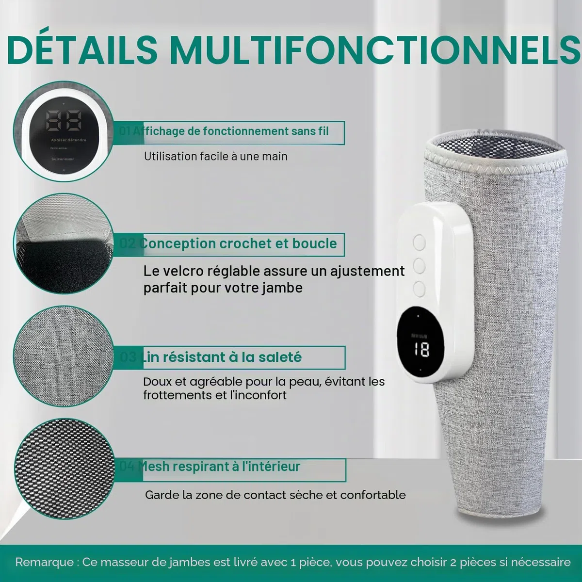Masseur Jambes Sans Fil avec Chaleur et Compression Masseur de Mollets avec 3 Modes 3 Intensités Appareil de Massage pour Circulation Sanguine Drainage Lymphatique Relaxation Musculaire (1 Pièce)
