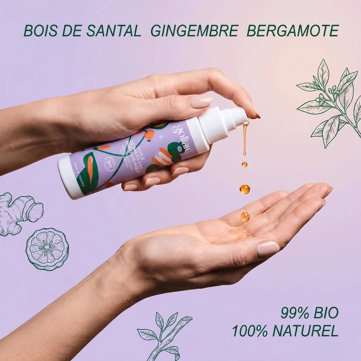 GOLIATE Huile Massage BIO Aphrodisiaque - COSMOS ORGANIC - Vegan | Certifiée Ecocert, 3 ingrédients bio, santal gingembre bergamote, comestible, sans paraben, fabriquée en France