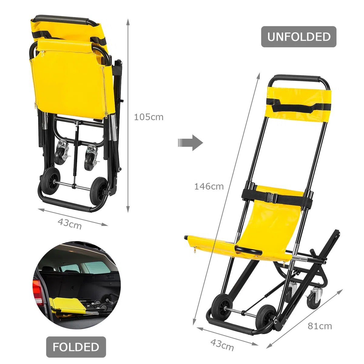 LOSCHEN Chaise d'escalier manuelle, jaune, pliable et portable pour le transfert quotidien, une personne peut soutenir une mobilité plus âgée, peut supporter une charge de 350 livres