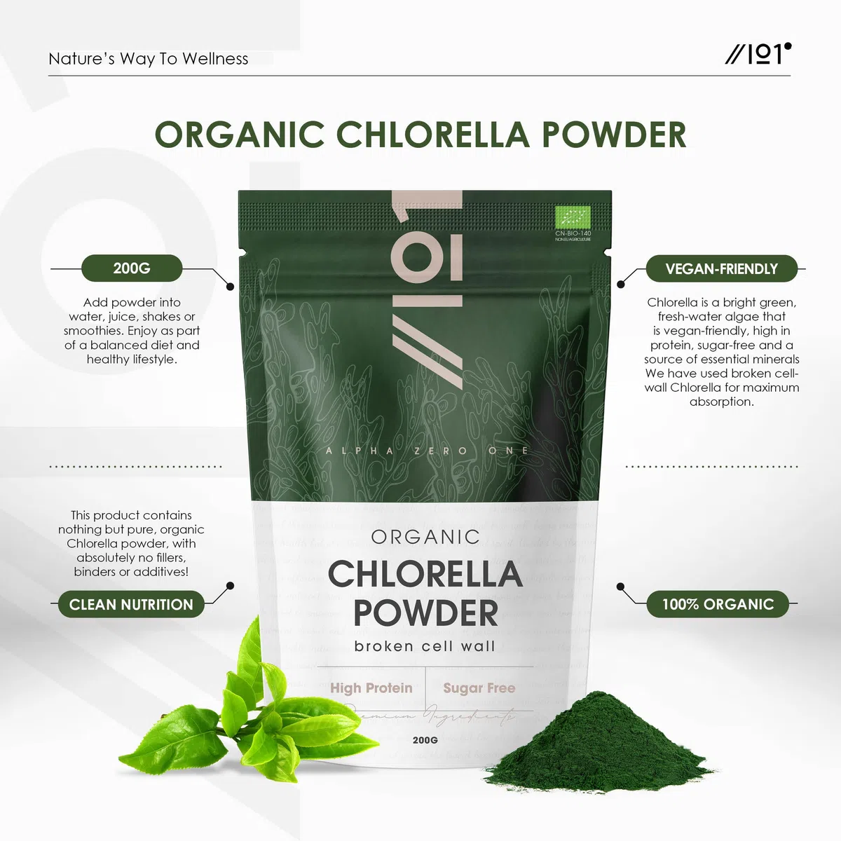 Poudre de chlorella bio 200 g - Paroi cellulaire cassée - Complément alimentaire pur sans additifs - Sachet refermable et recyclable - par Alpha01