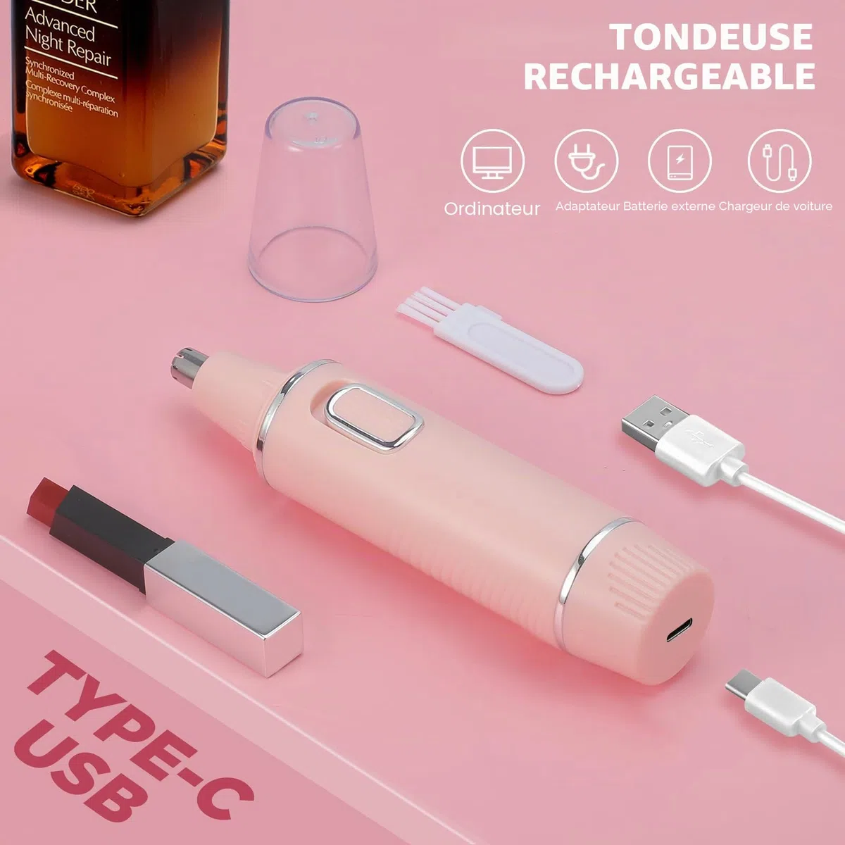 Tondeuse Indolore pour Femmes, Rechargeable 2024 Upgrade, Tondeuse Nez Cheveux, IPX7 Étanche Moteur Puissant, Nettoyage Facile, Rose